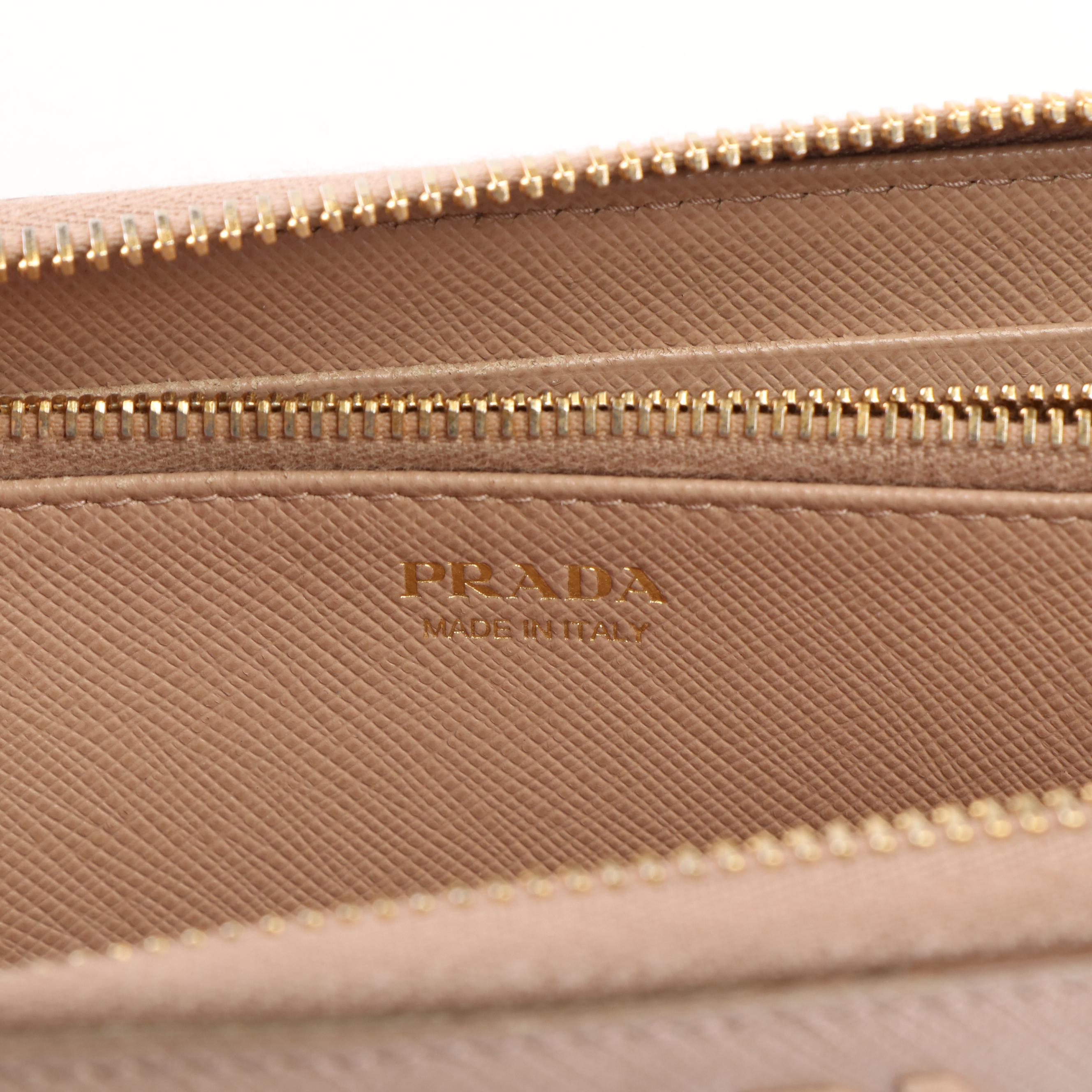 Prada Zip Around Continental Wallet in Neutral Monochrome Saffiano Shine Leather