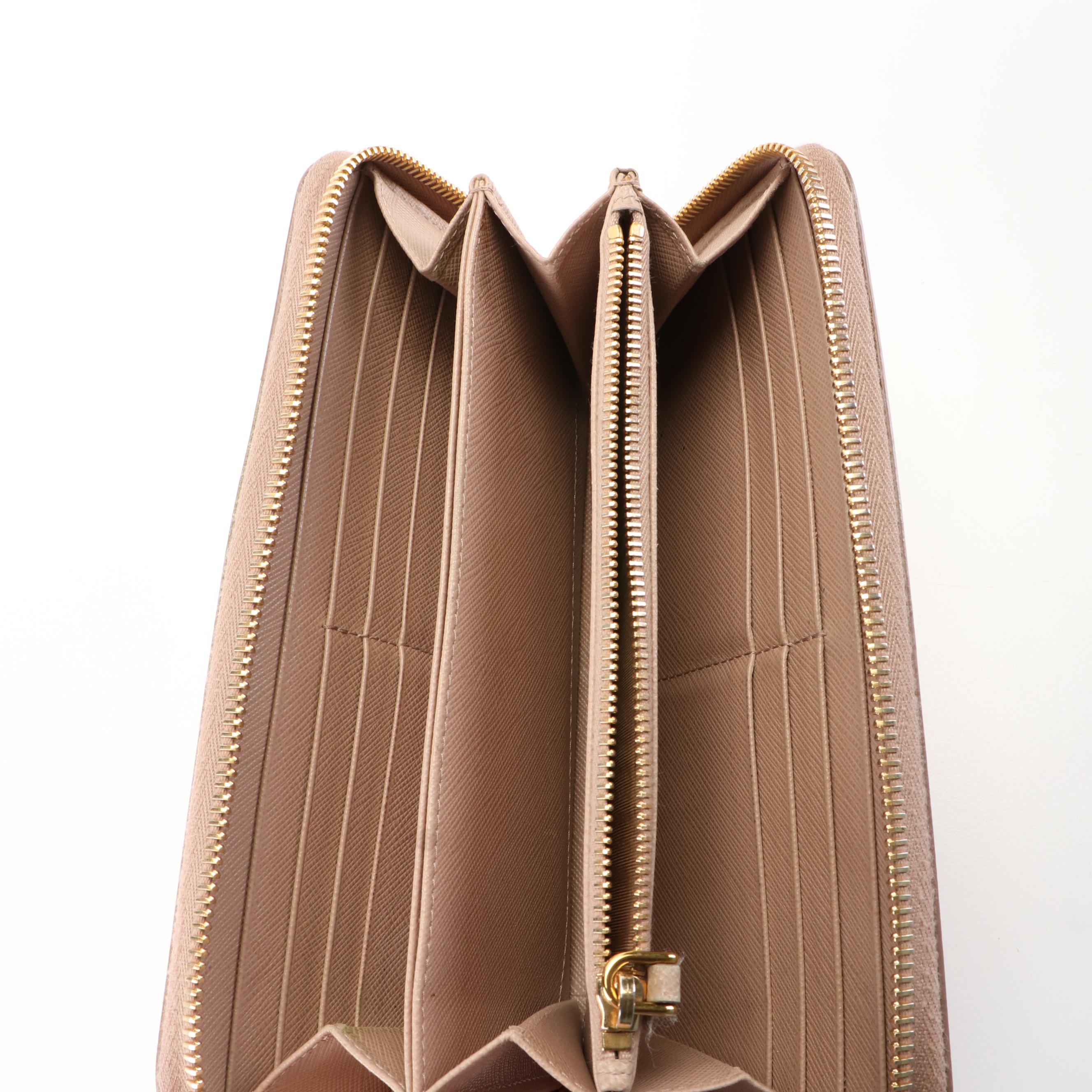 Prada Zip Around Continental Wallet in Neutral Monochrome Saffiano Shine Leather
