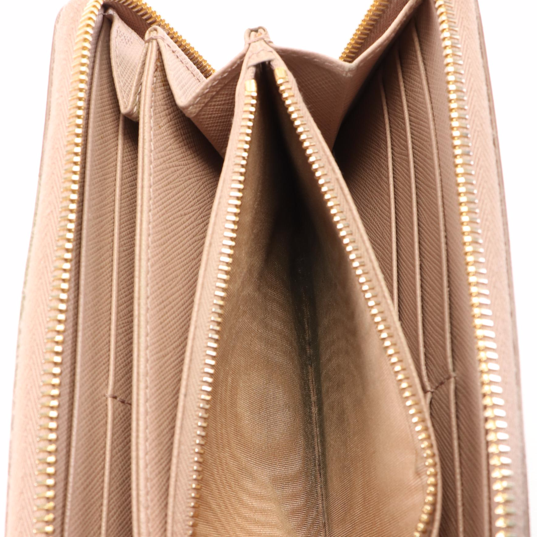Prada Zip Around Continental Wallet in Neutral Monochrome Saffiano Shine Leather
