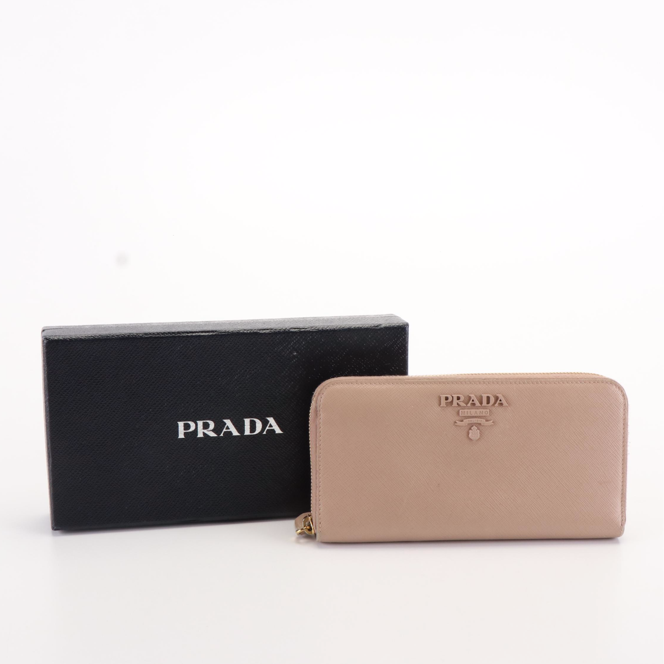 Prada Zip Around Continental Wallet in Neutral Monochrome Saffiano Shine Leather
