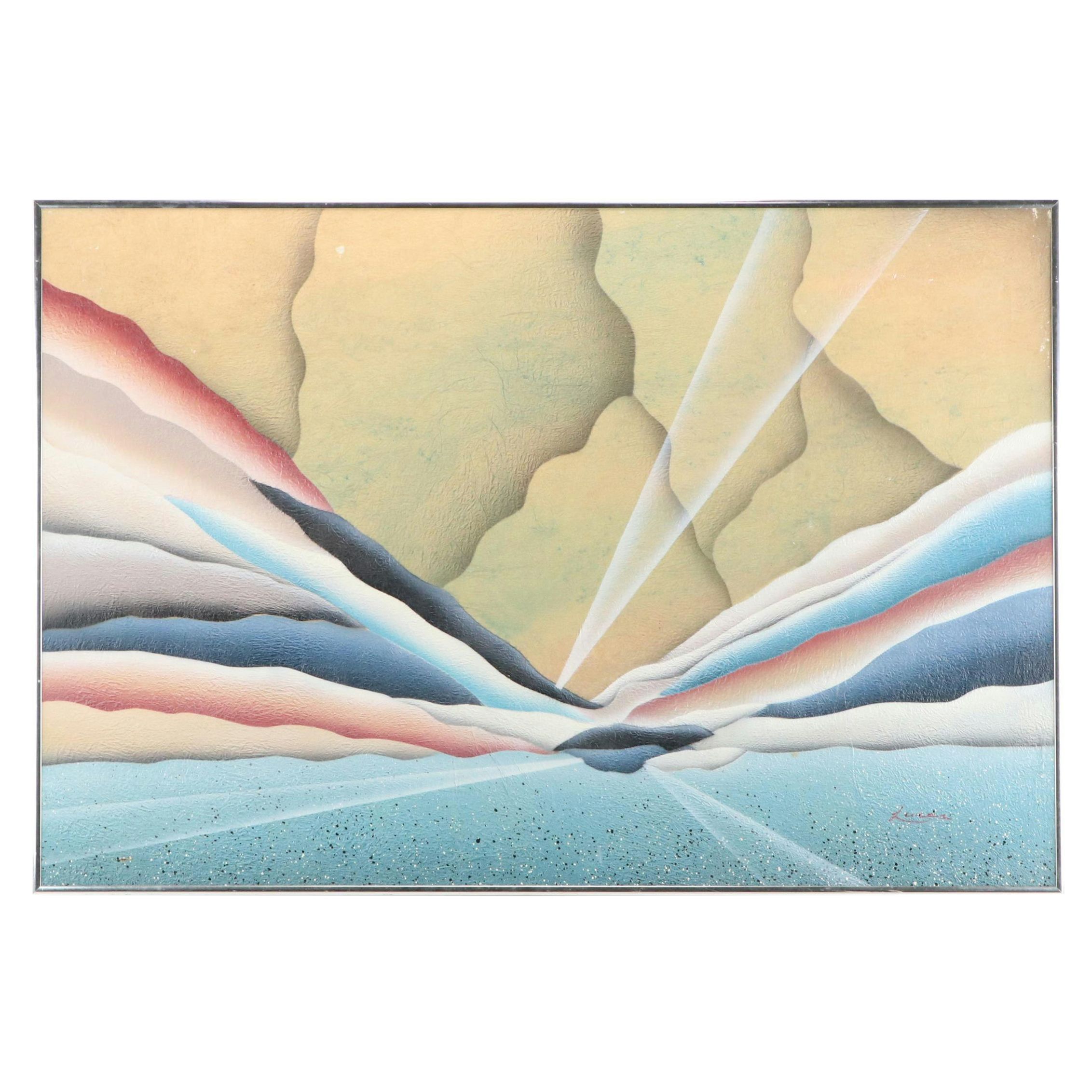 Art Deco Inspired Mixed Media Landscape Painting, 20th Century