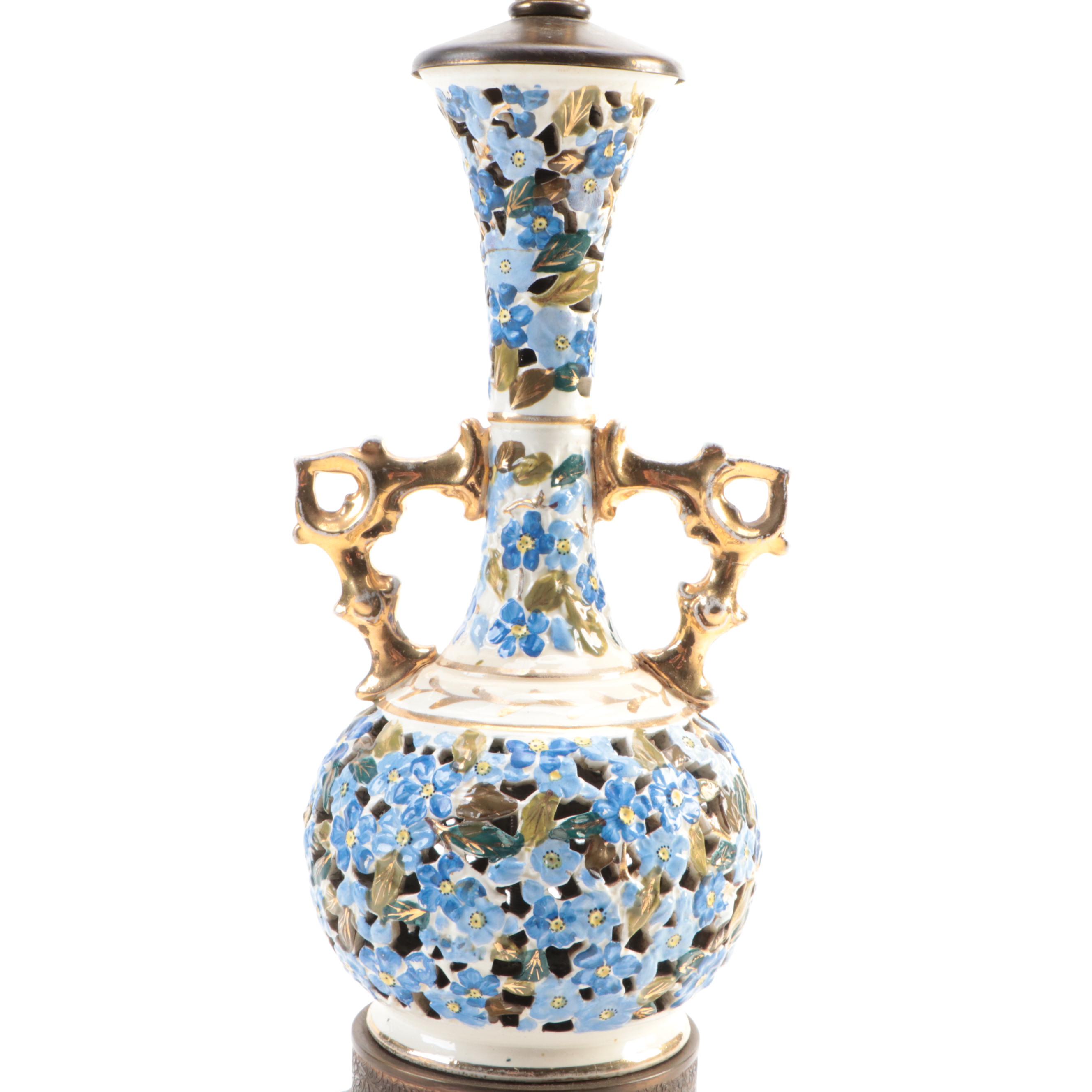Hungarian Style Hand-Painted Pierced Ceramic Table Lamp, Mid/Late 20th C