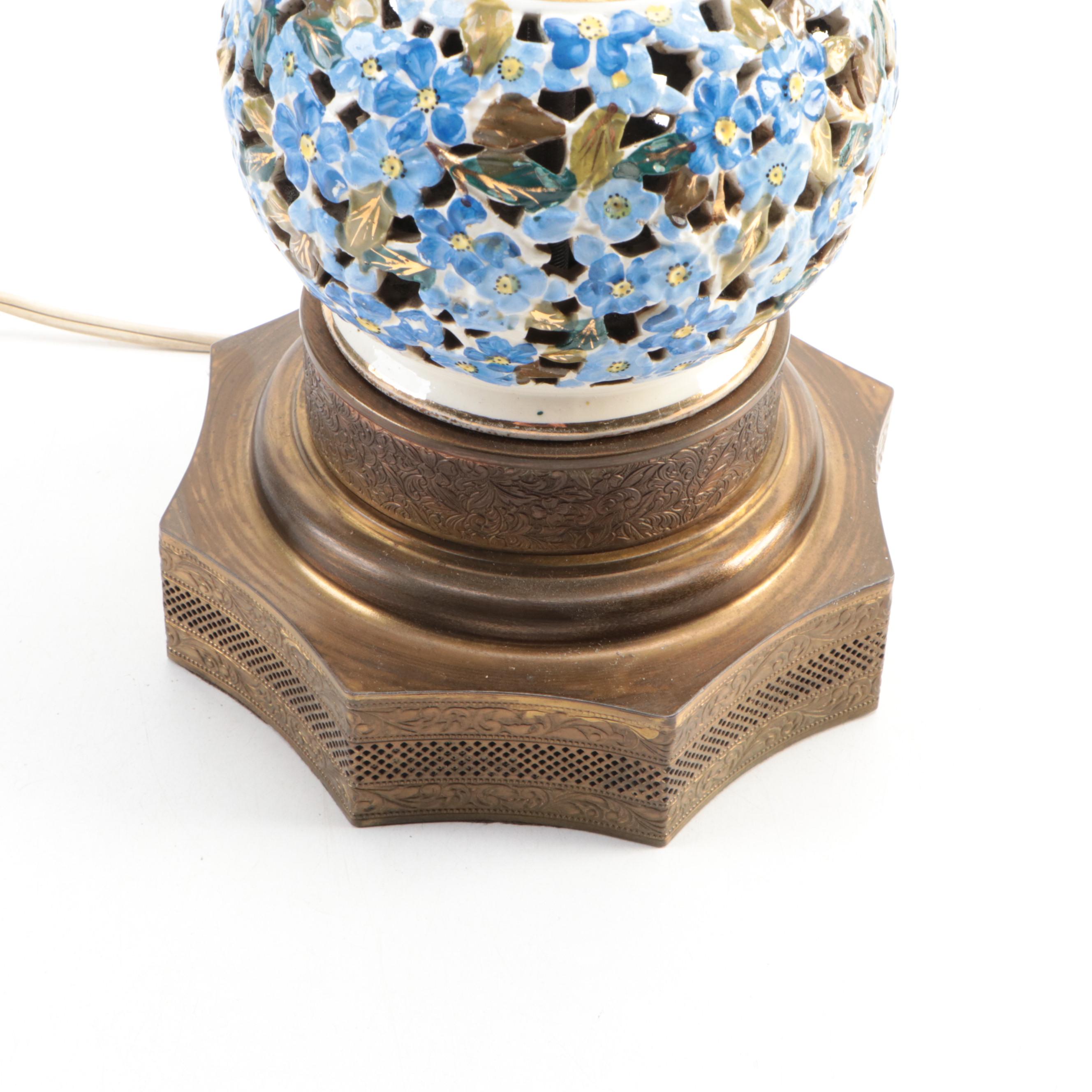 Hungarian Style Hand-Painted Pierced Ceramic Table Lamp, Mid/Late 20th C