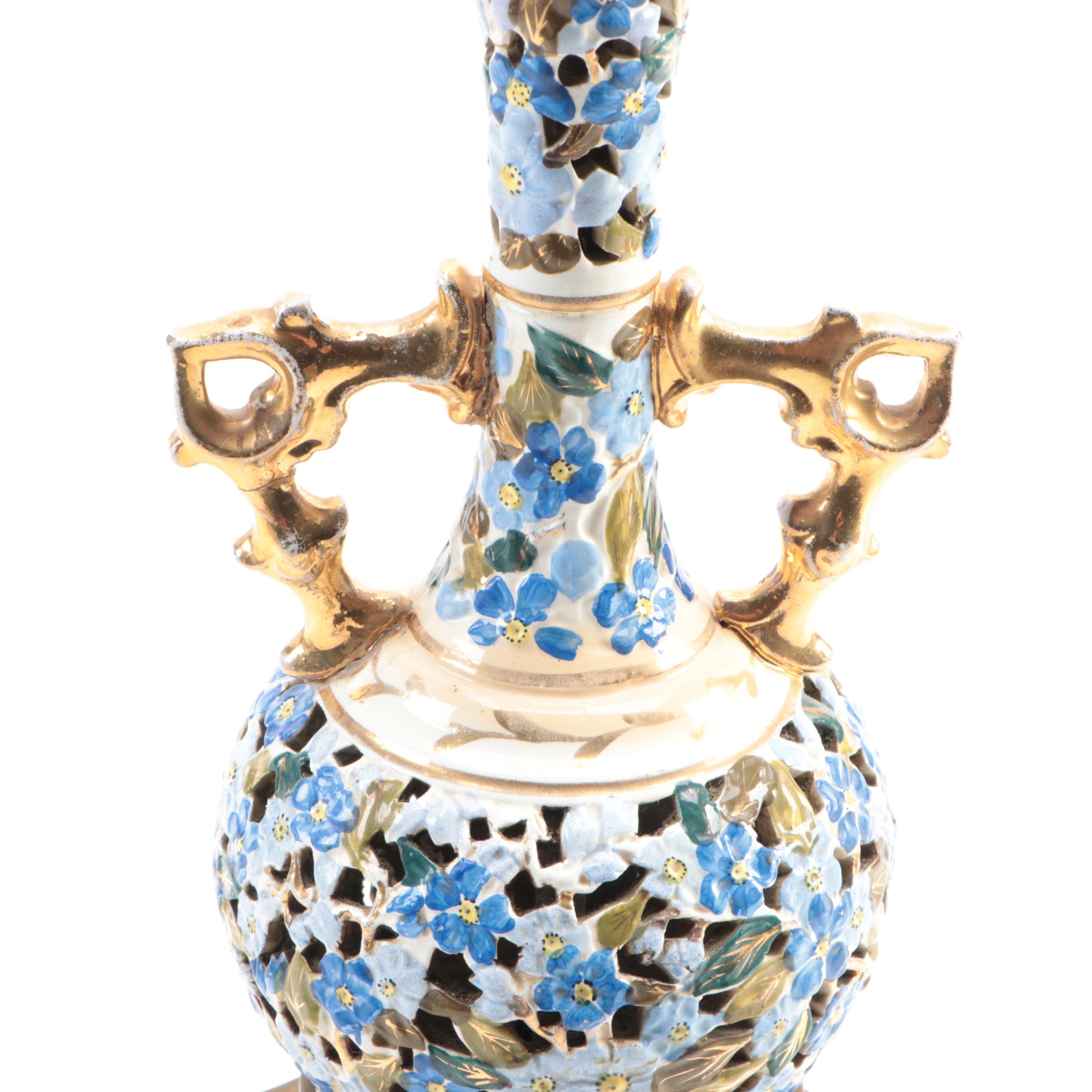 Hungarian Style Hand-Painted Pierced Ceramic Table Lamp, Mid/Late 20th C