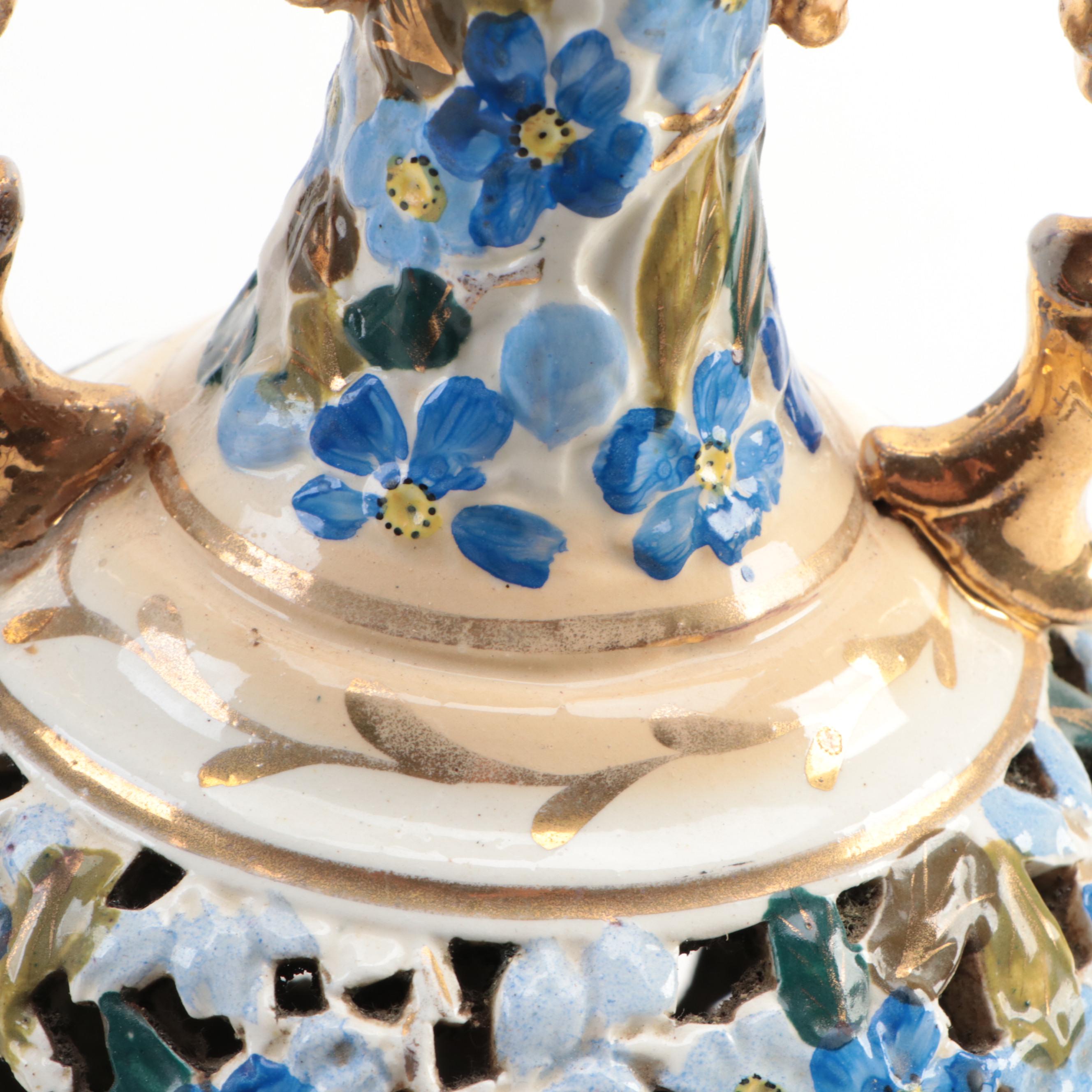 Hungarian Style Hand-Painted Pierced Ceramic Table Lamp, Mid/Late 20th C