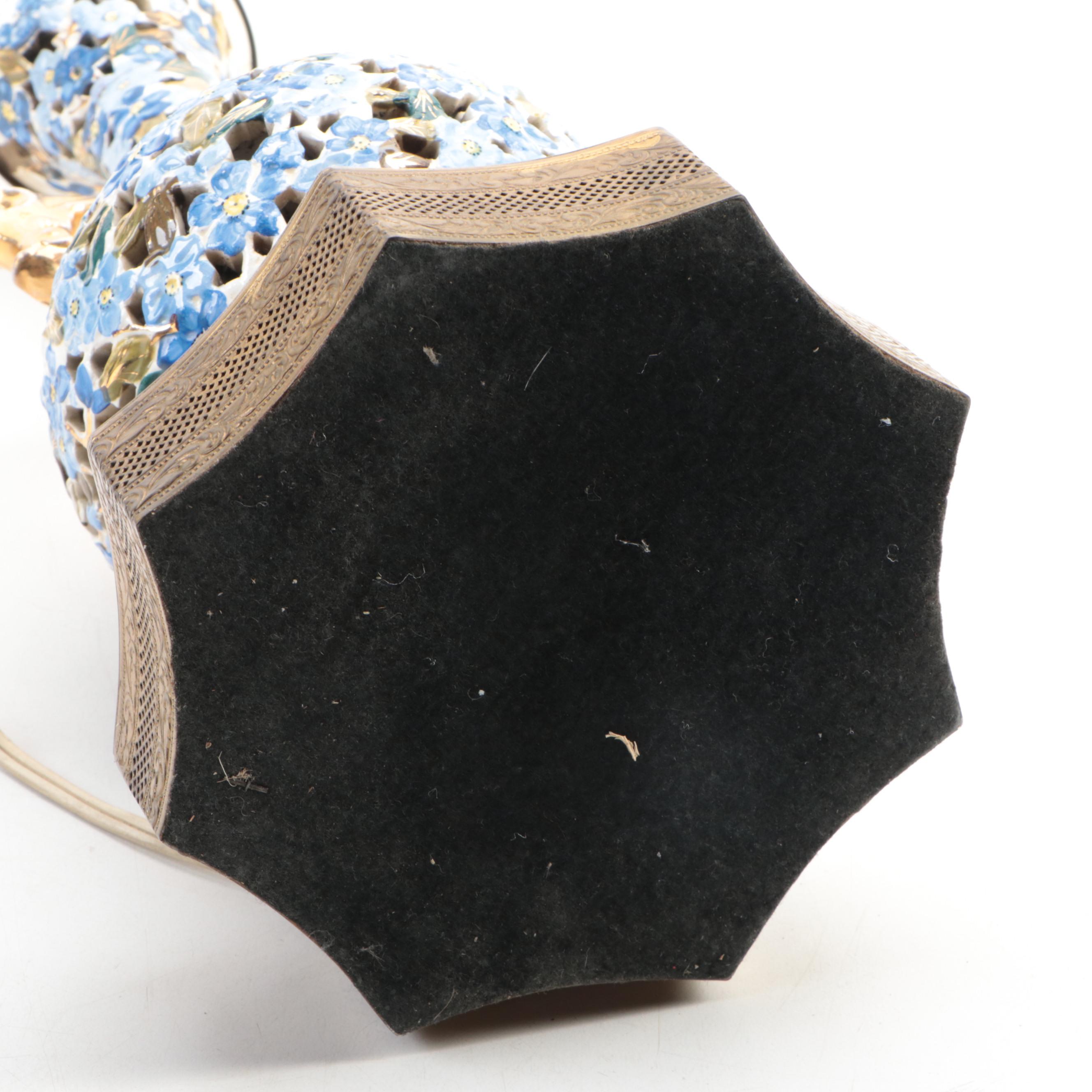 Hungarian Style Hand-Painted Pierced Ceramic Table Lamp, Mid/Late 20th C