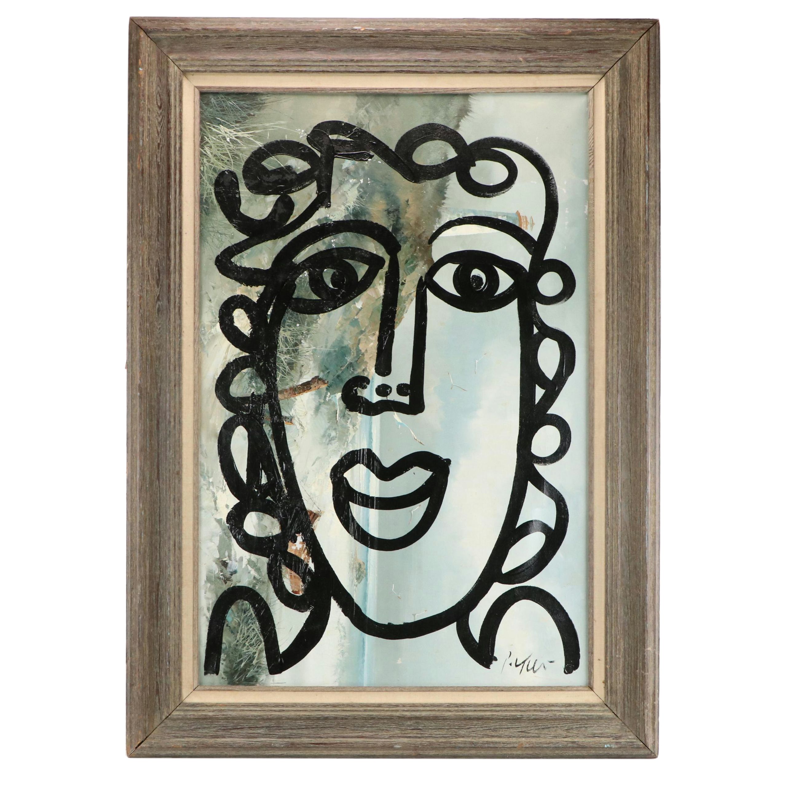 Peter Keil Abstract Acrylic Portrait Over Beach Landscape with Lighthouse