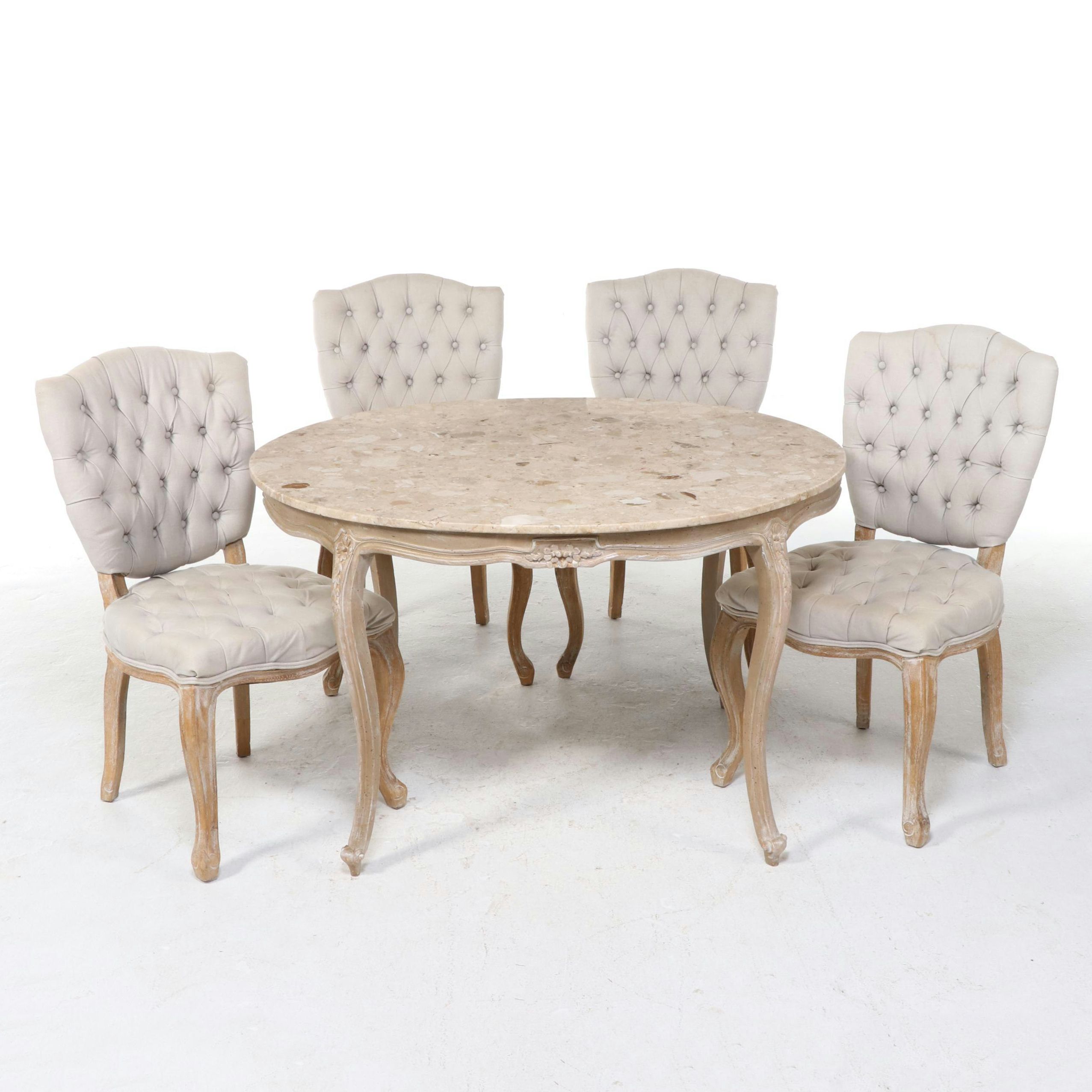 Arhaus French Provincial Style Composite Stone Top Dining Table and Four Chairs
