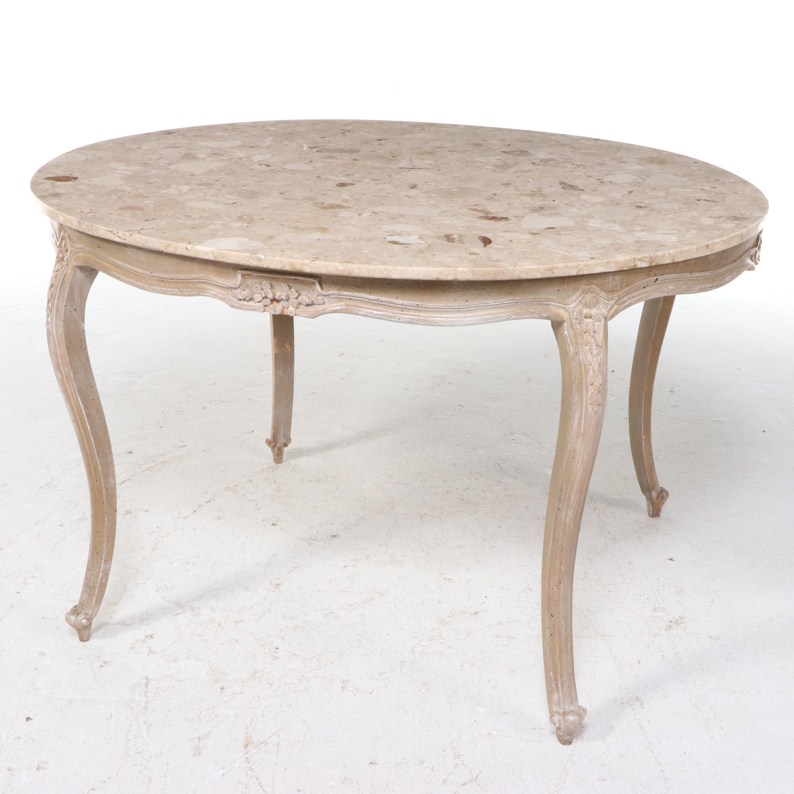 Arhaus French Provincial Style Composite Stone Top Dining Table and Four Chairs