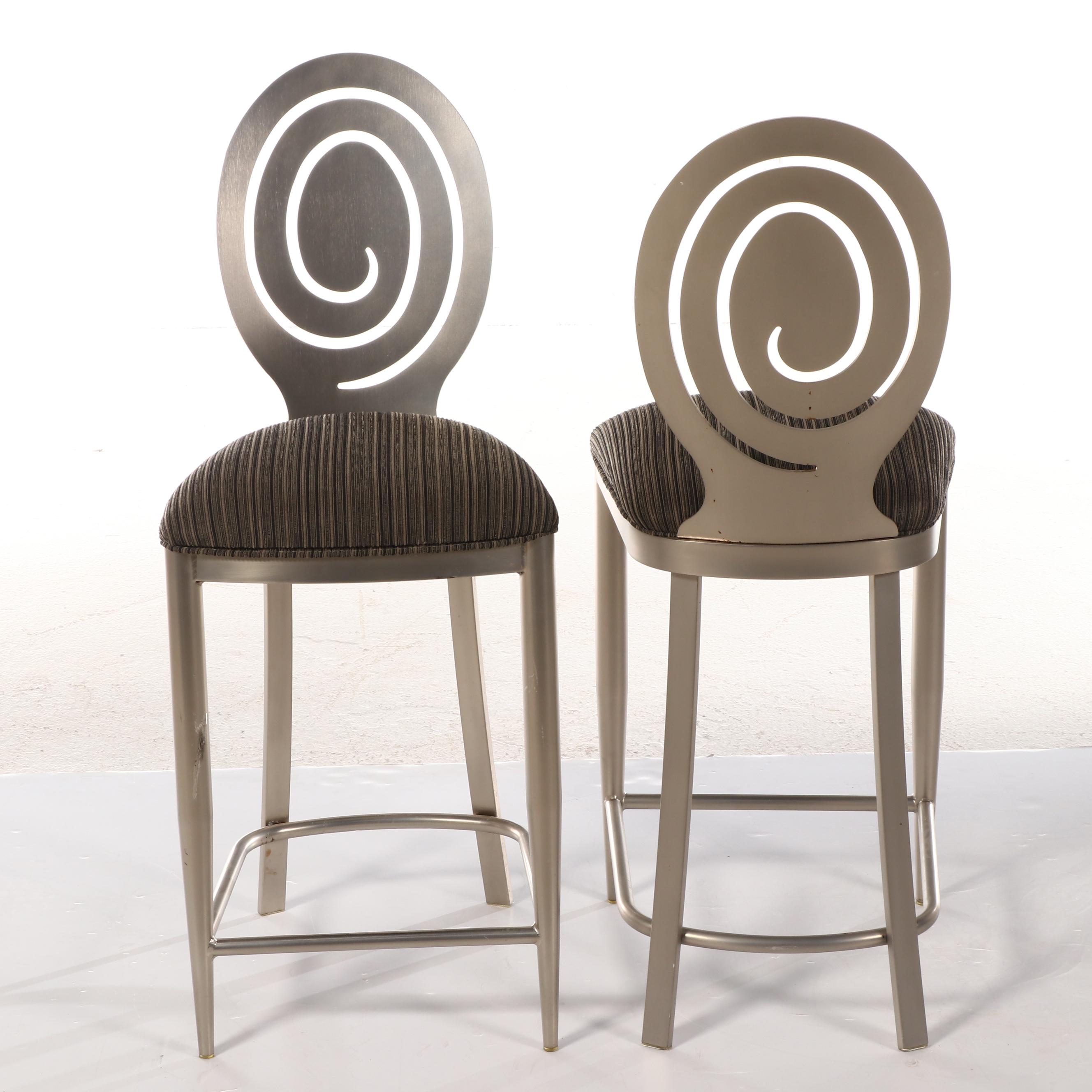 Pair of Ethan Allen "Radius Collection" Counter Stools in Brushed Nickel Finish
