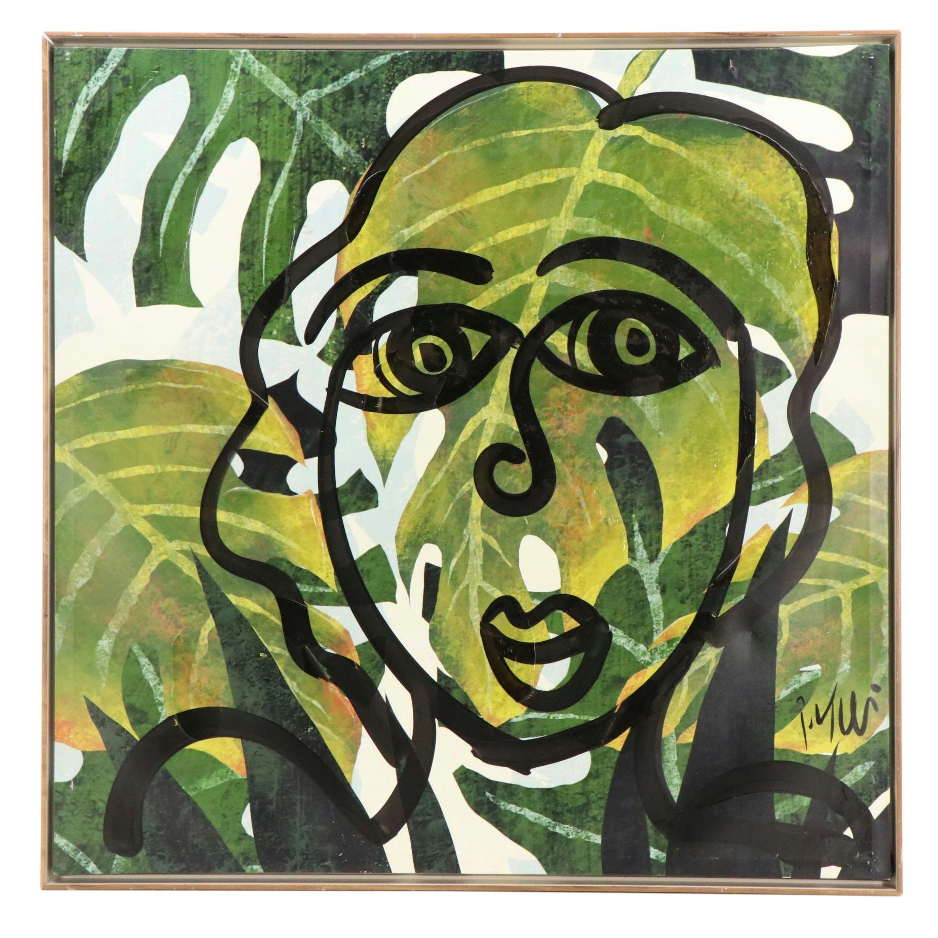 Peter Keil Abstract Acrylic Portrait Painting Over Giclée of Leaves