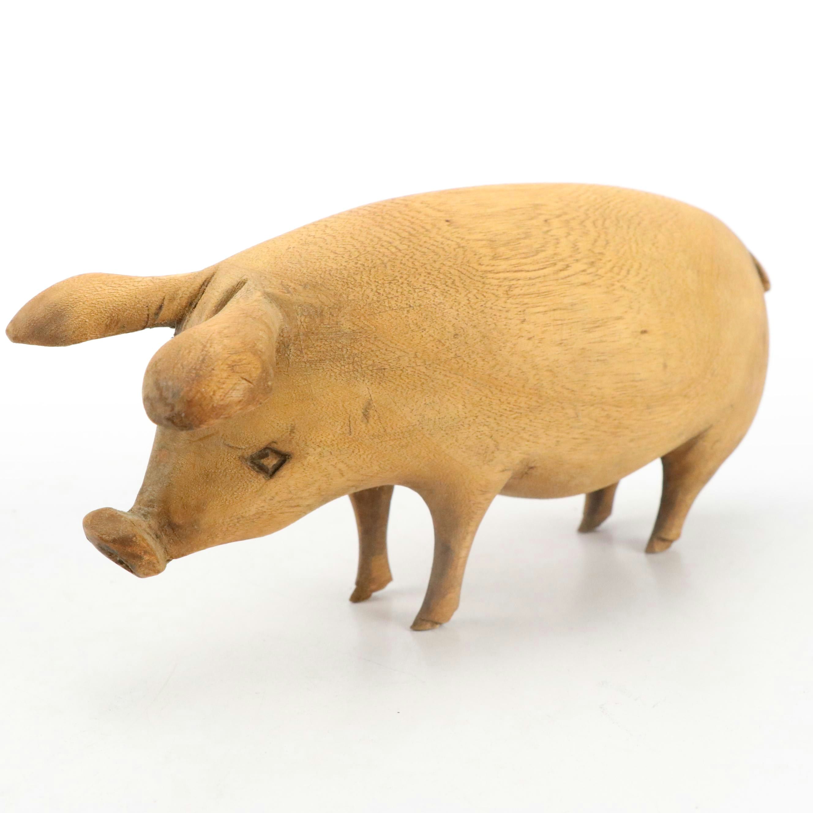 Folk Art Carved Wood Pig Figurine