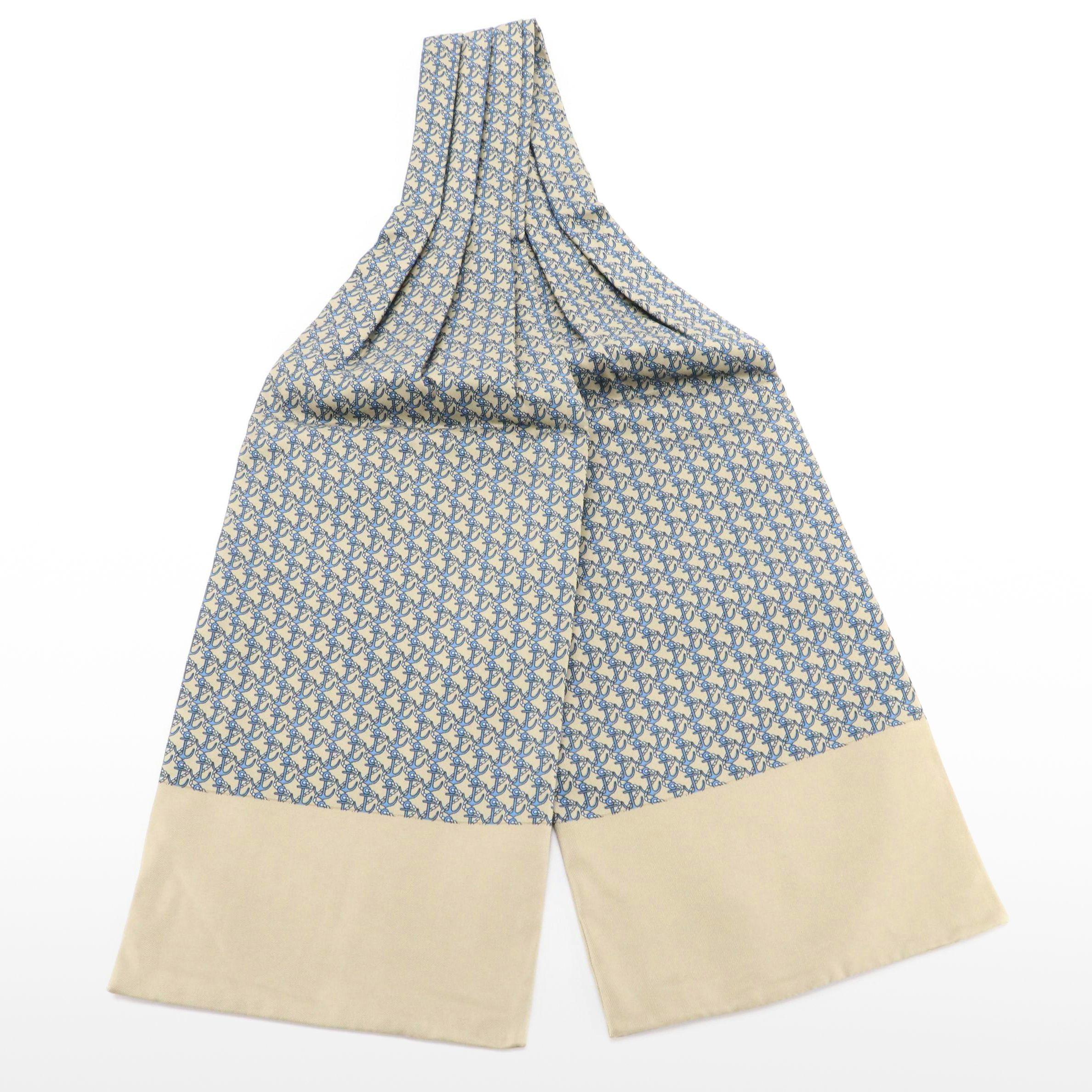 Hermès Beige/Blue Nautical Anchor Motif Pleated Silk Ascot