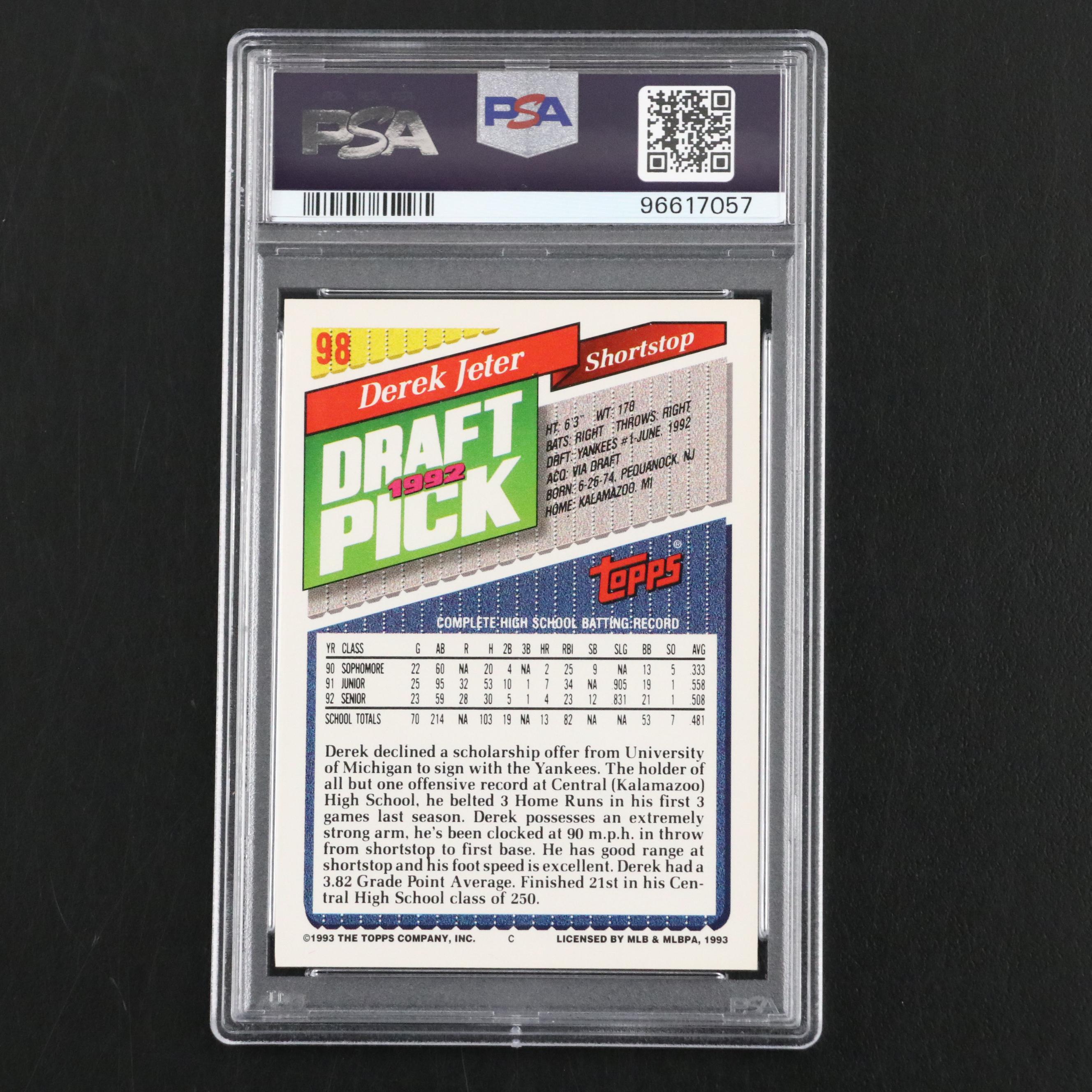 1993 Topps Derek Jeter Rookie Card #98 Graded PSA 9