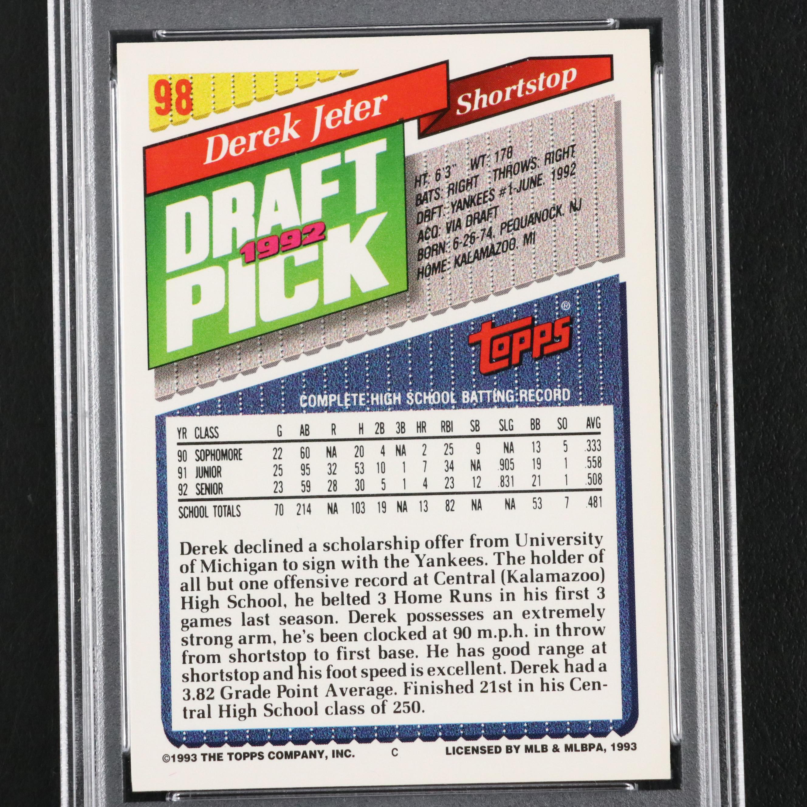 1993 Topps Derek Jeter Rookie Card #98 Graded PSA 9