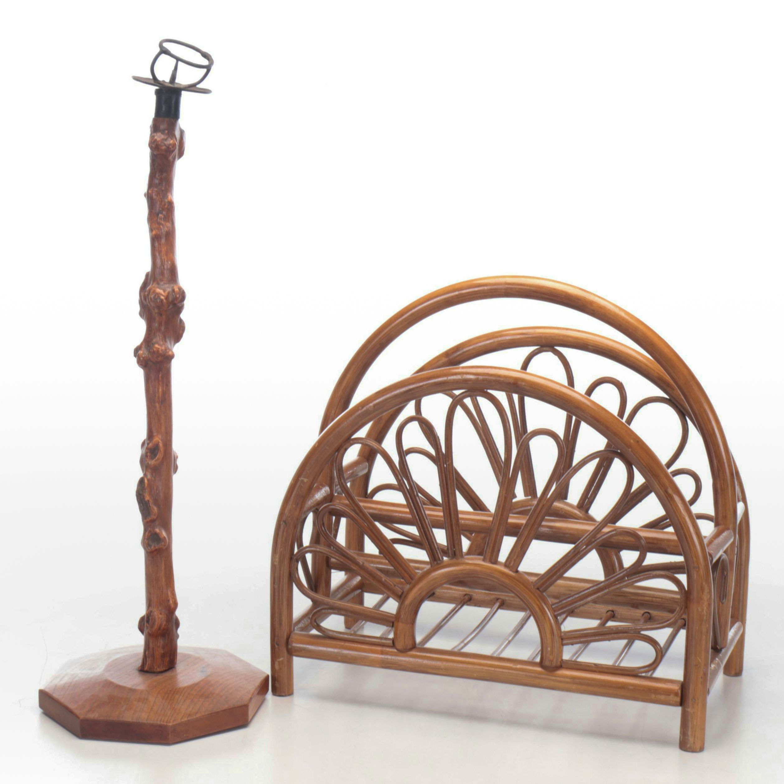 MCM Rattan and Bamboo Bentwood Magazine Holder with Japanese Keyaki Candlestick