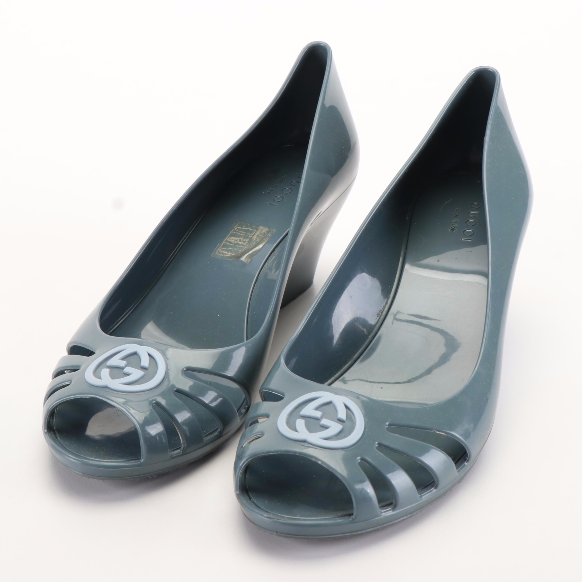 Gucci Marola Peep Toe Wedge Pumps in Interlocking GG Smoky Blue Jelly