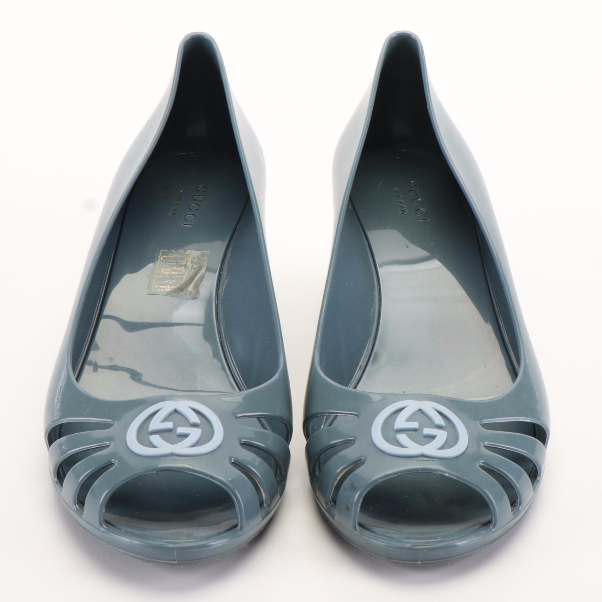 Gucci Marola Peep Toe Wedge Pumps in Interlocking GG Smoky Blue Jelly