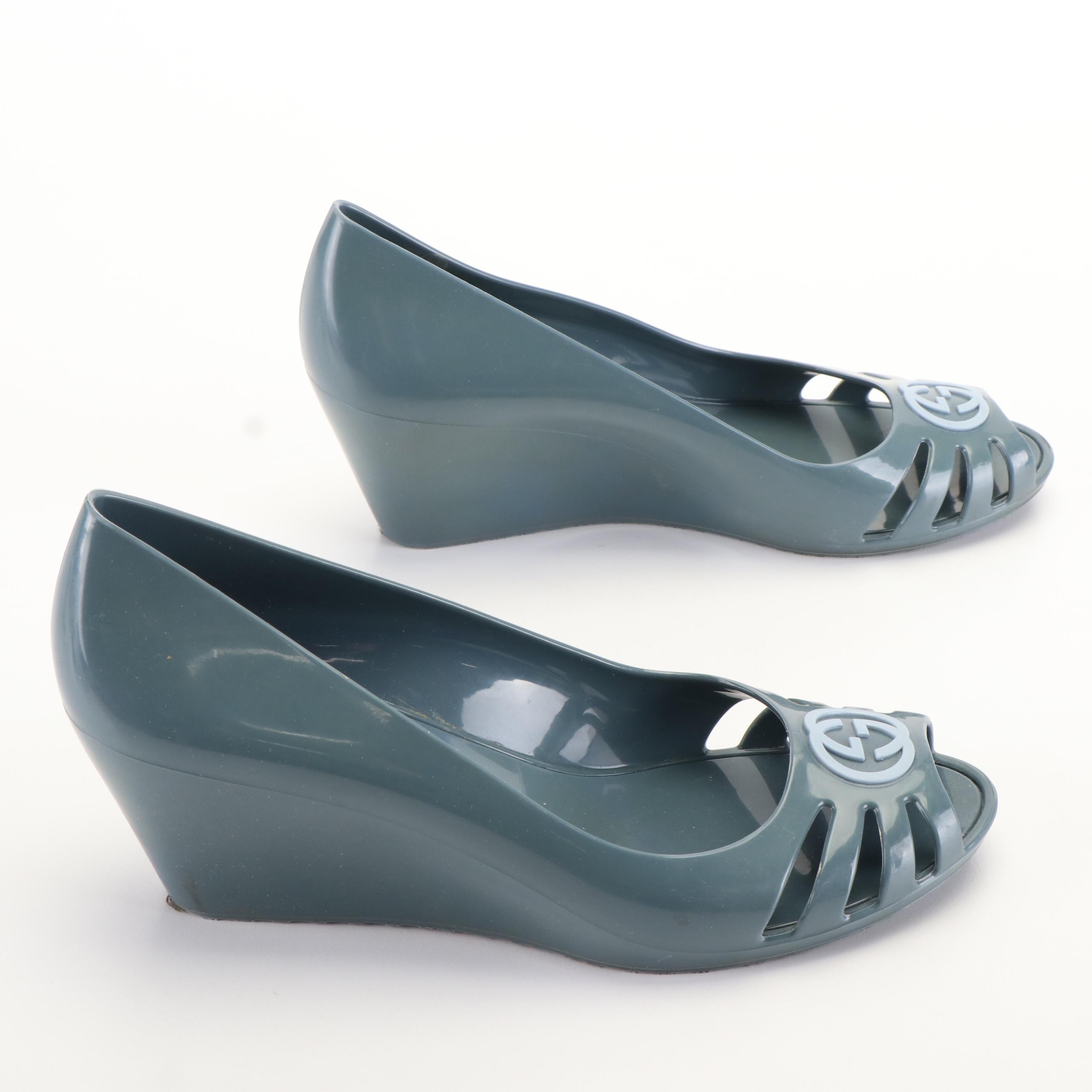 Gucci Marola Peep Toe Wedge Pumps in Interlocking GG Smoky Blue Jelly