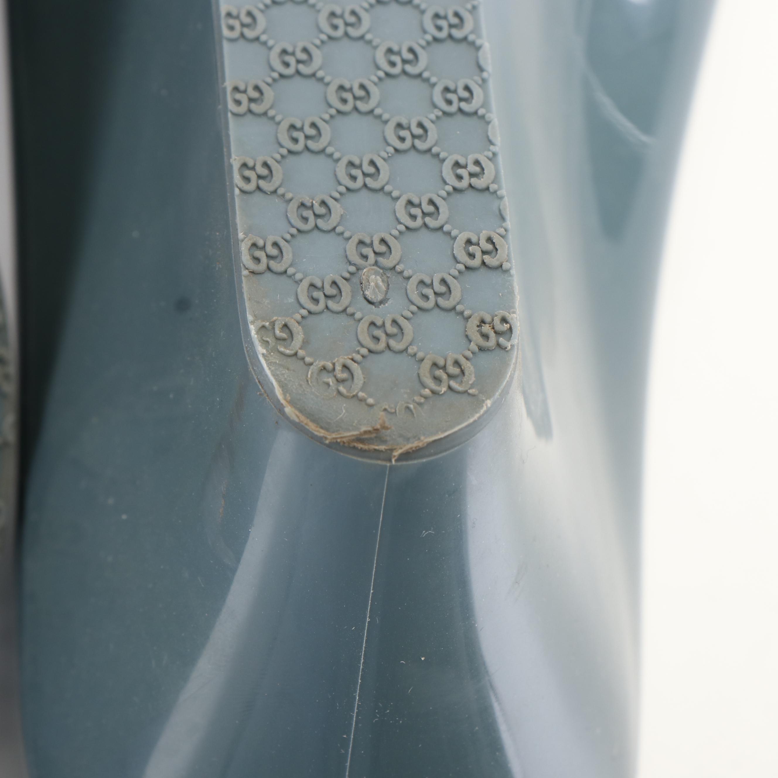 Gucci Marola Peep Toe Wedge Pumps in Interlocking GG Smoky Blue Jelly