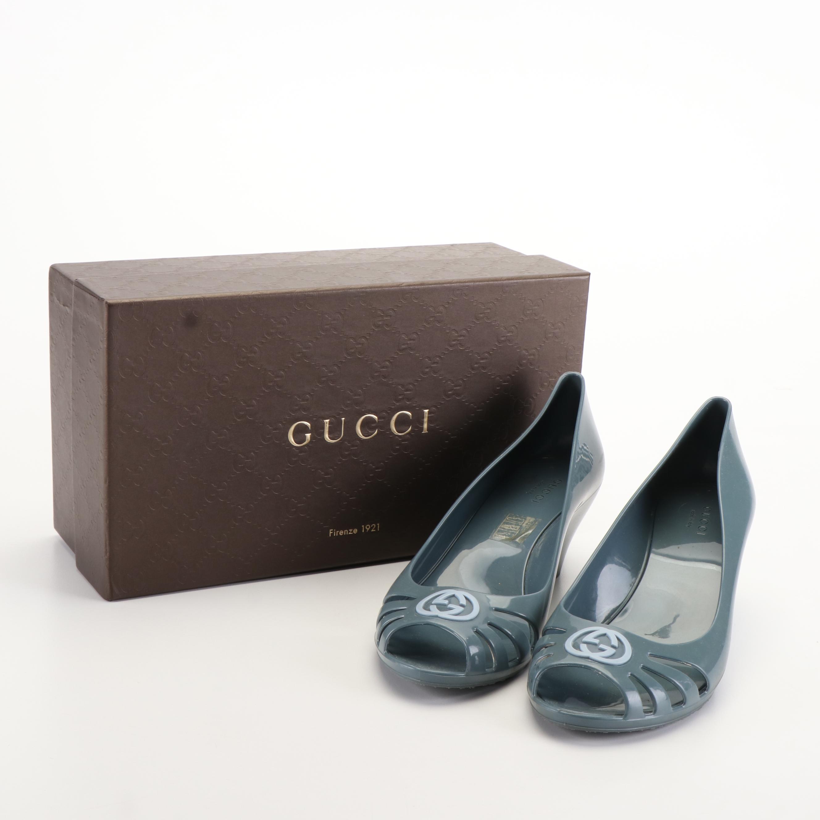 Gucci Marola Peep Toe Wedge Pumps in Interlocking GG Smoky Blue Jelly