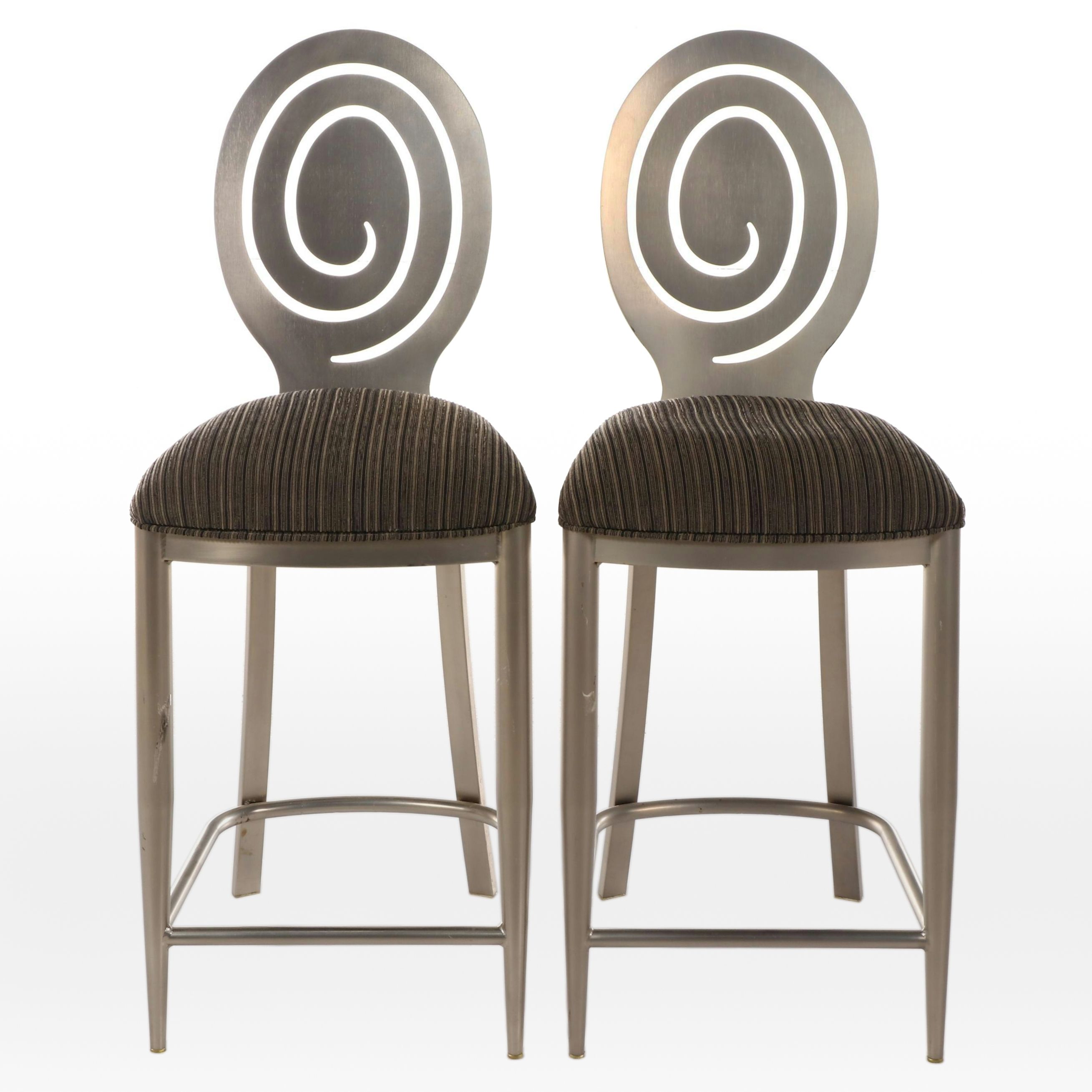 Pair of Ethan Allen "Radius Collection" Counter Stools in Brushed Nickel Finish