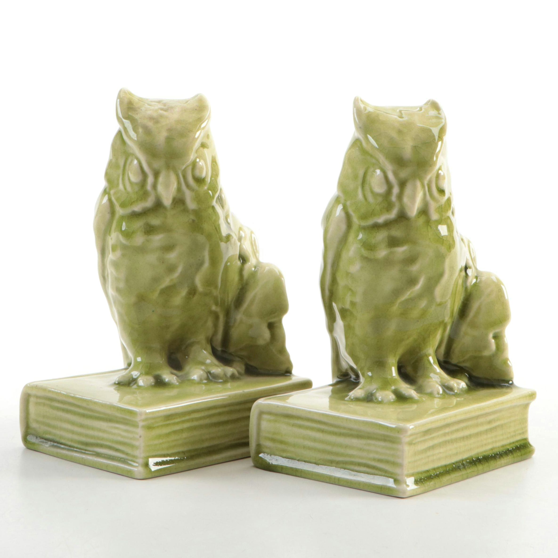 Rookwood Pottery Green Glazed Ceramic Owl on Book Bookends, 1948