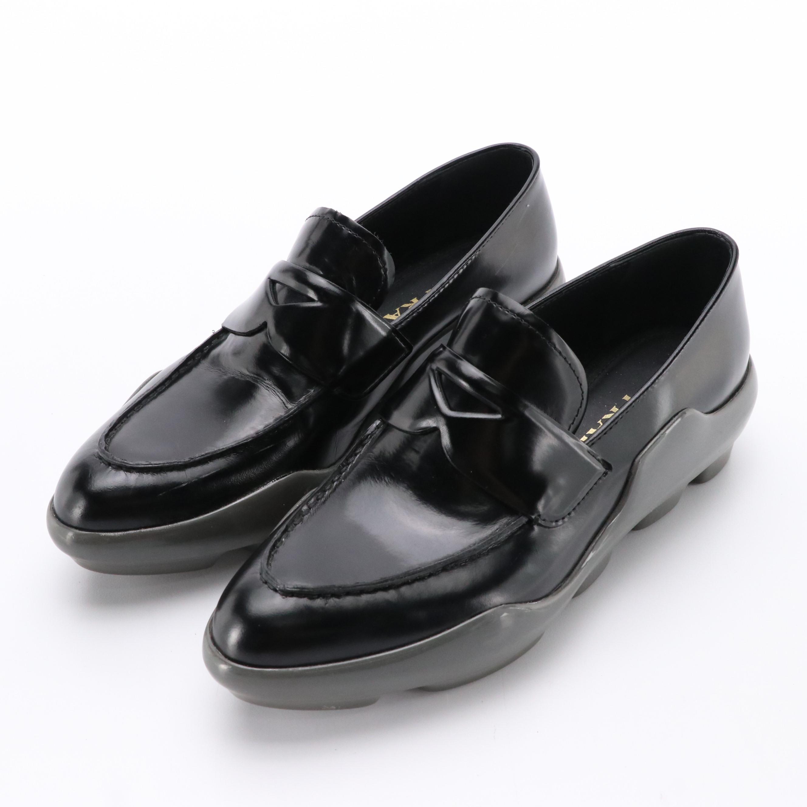 Prada Platform Penny Loafers in Glazed Leather