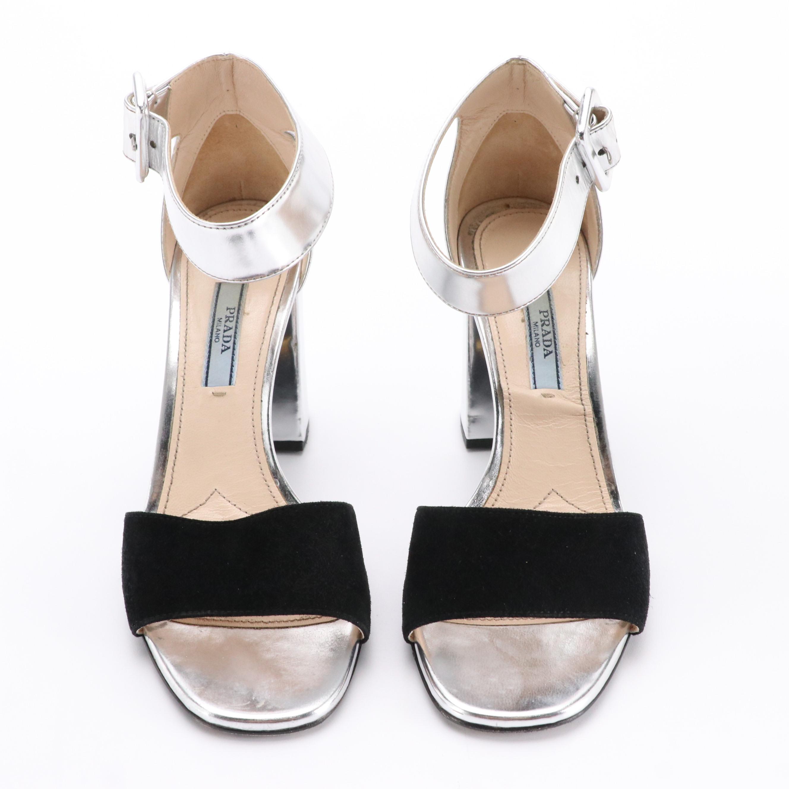 Prada Silver Metallic Leather & Black Suede Buckled Ankle Strap Block Heel Pumps