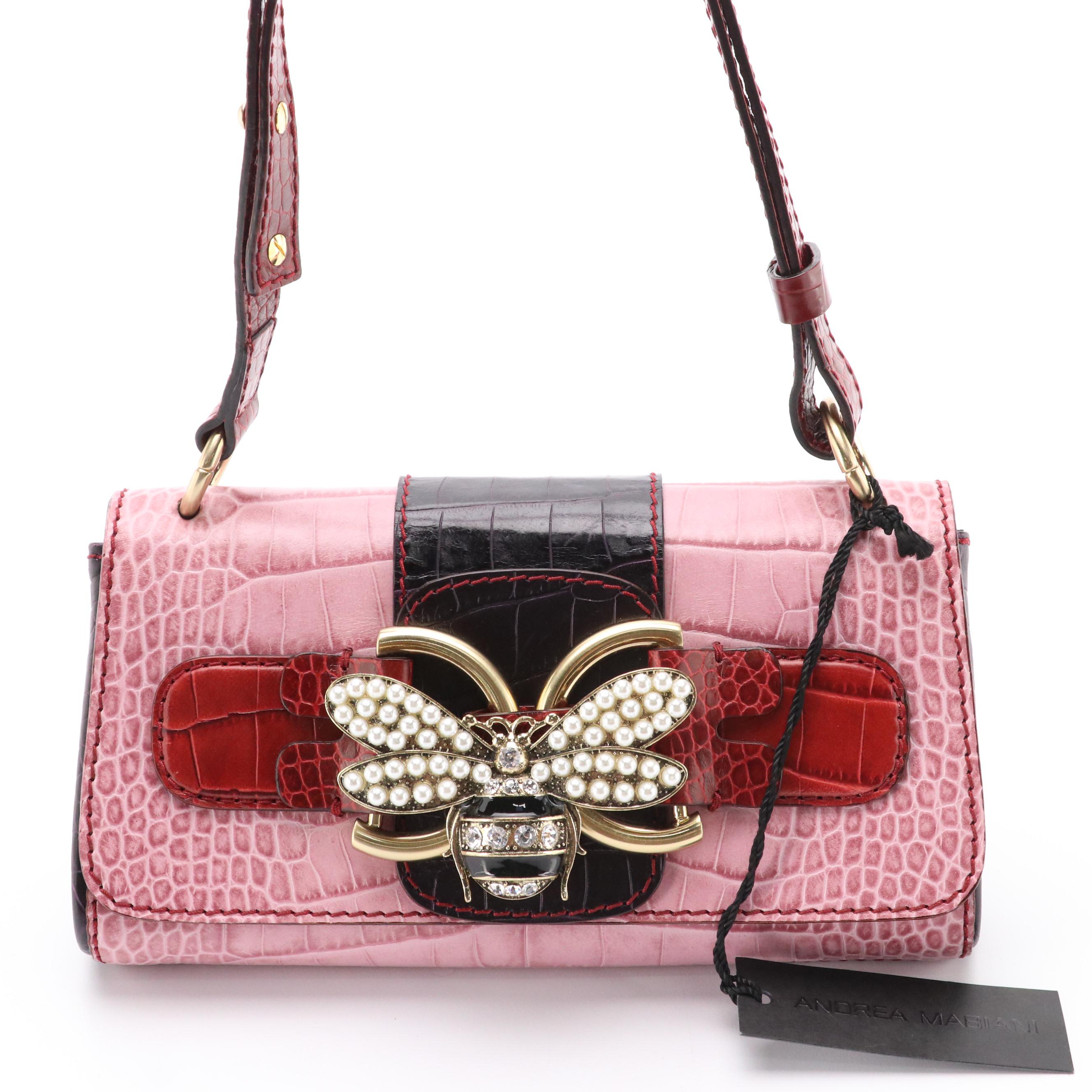 Andrea Mabiani Shoulder Bag in Color Block Embossed Leather with Bee Pin Accent