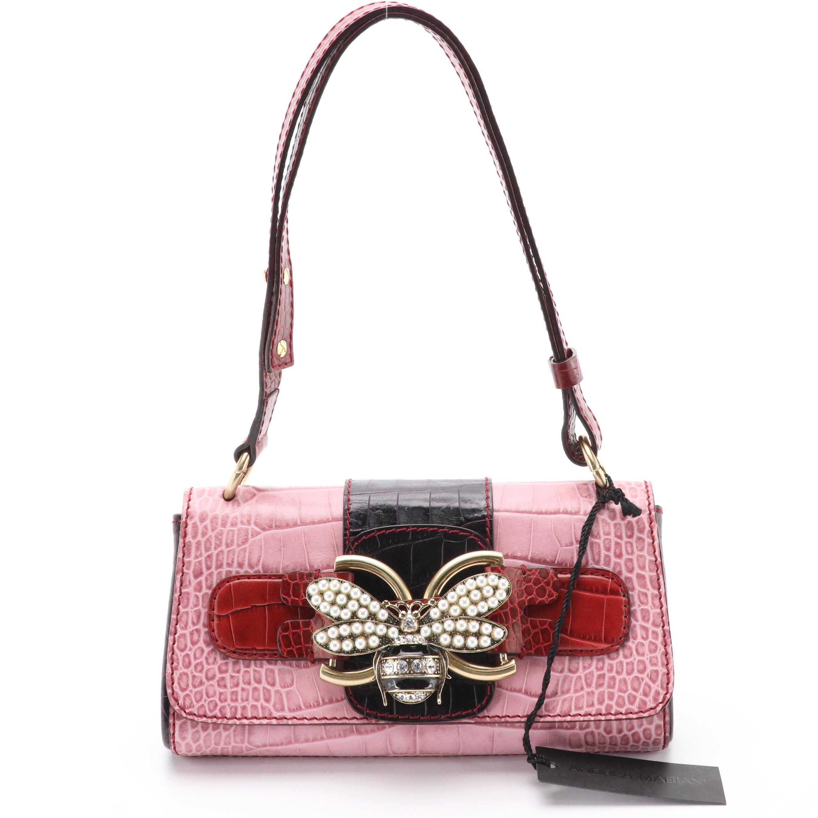 Andrea Mabiani Shoulder Bag in Color Block Embossed Leather with Bee Pin Accent