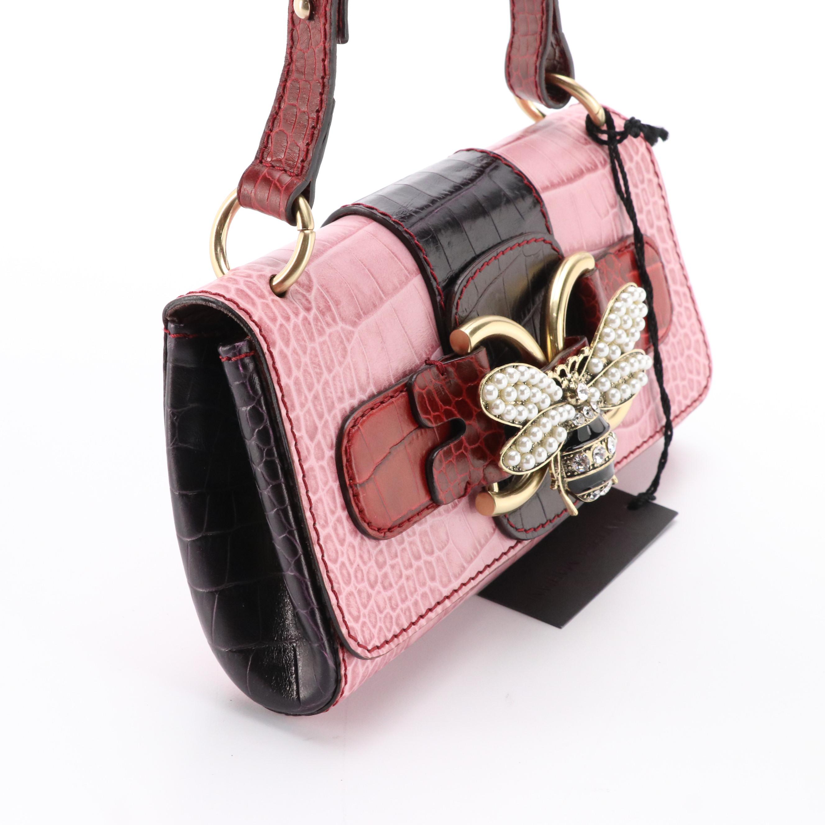 Andrea Mabiani Shoulder Bag in Color Block Embossed Leather with Bee Pin Accent