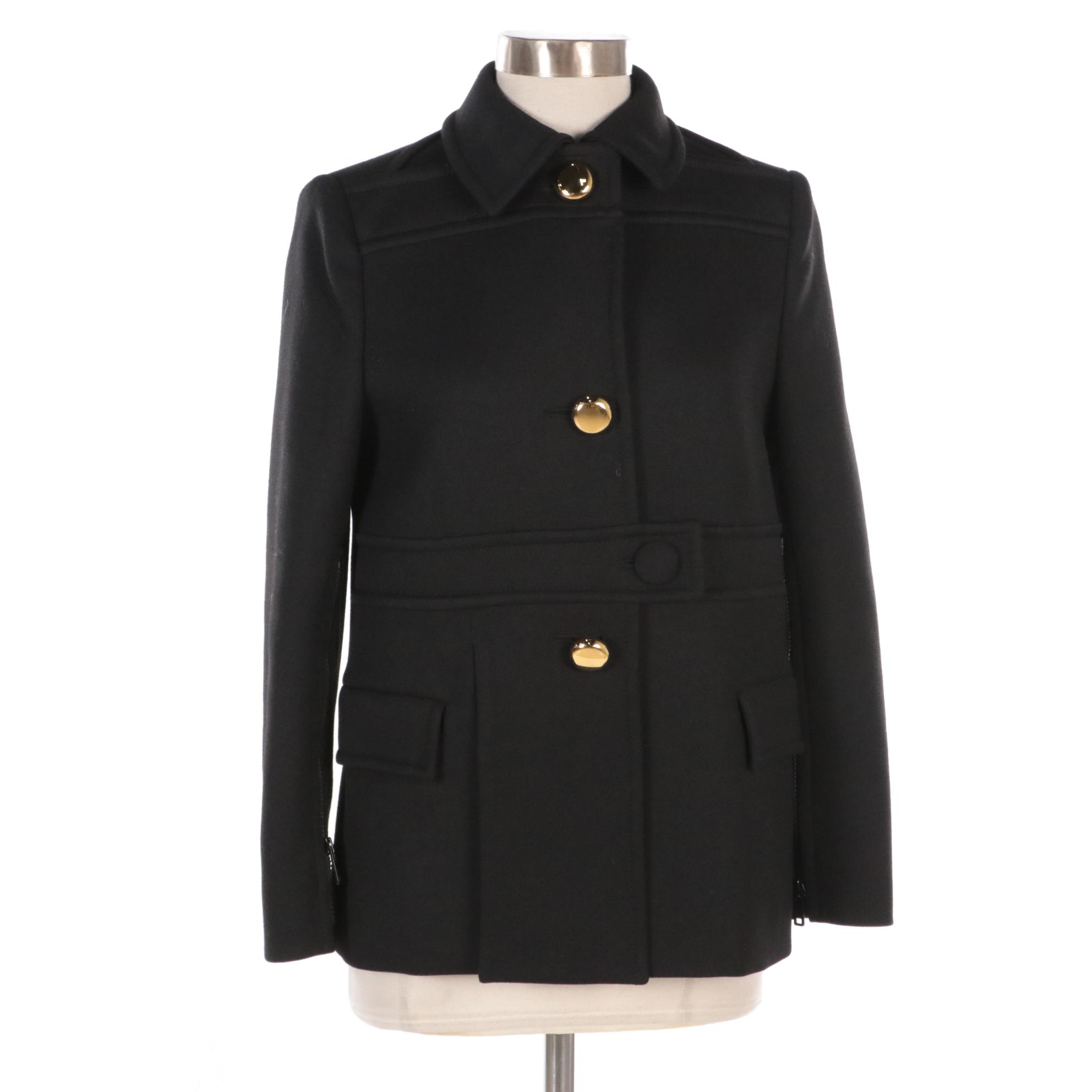 Prada Black Virgin Wool Button-Front Jacket with Zipper Detail on Arms