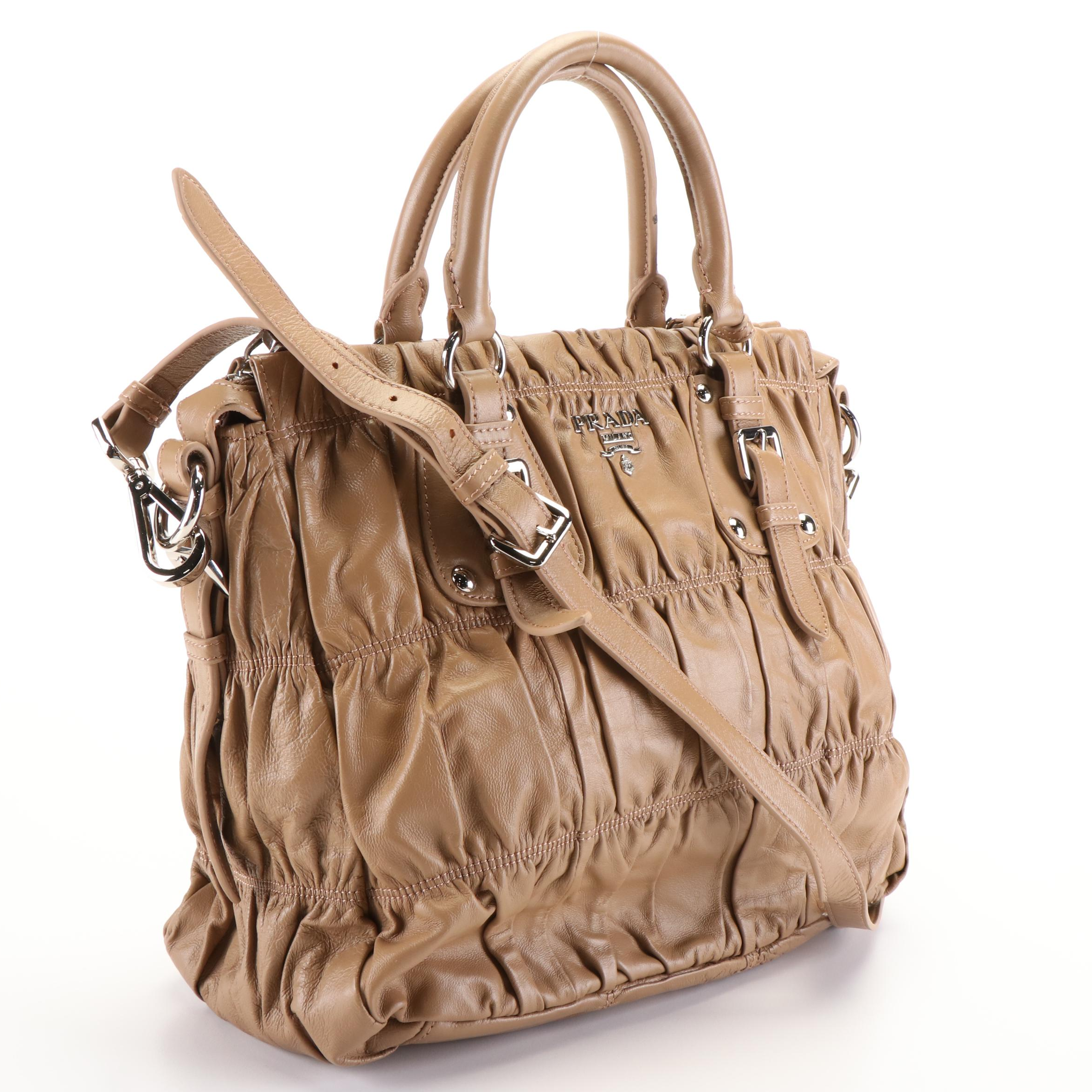 Prada Bauletto Tote Bag in Beige Nappa Gaufre Leather
