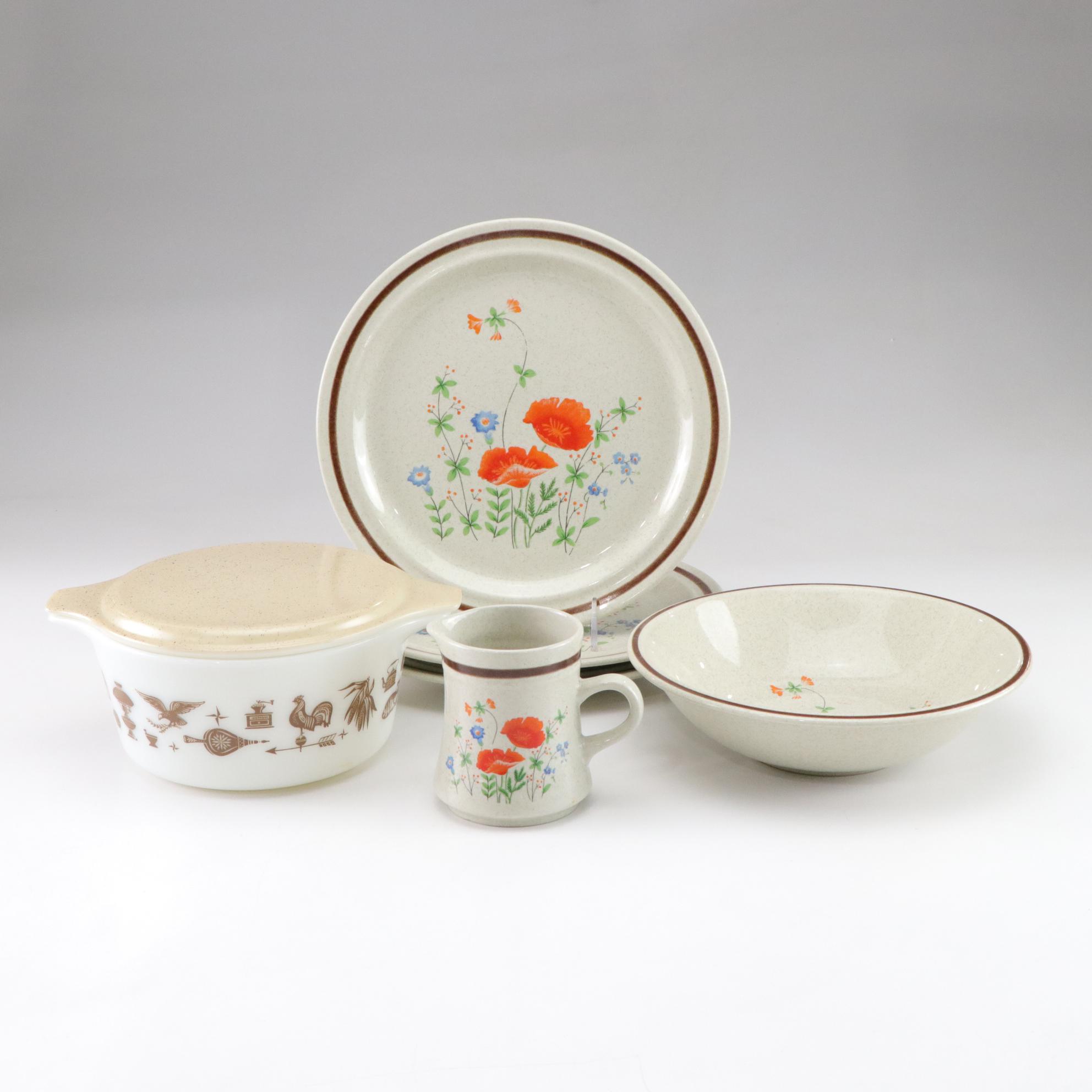 Haniwa Stone "Maywood" Plates, Mini Pitcher & Bowl with Pyrex Casserole Dish