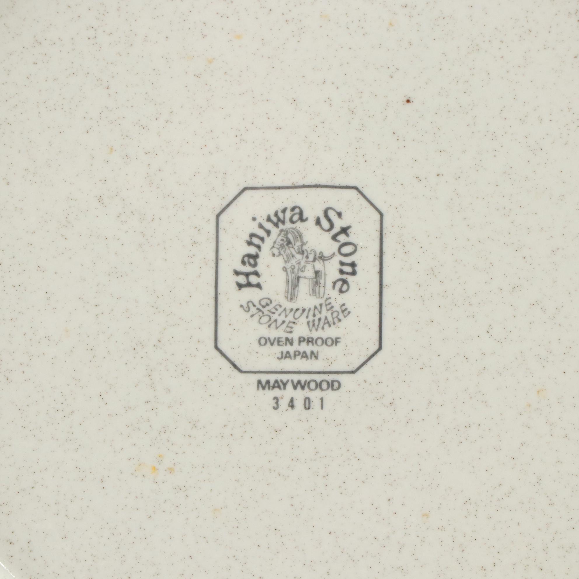 Haniwa Stone "Maywood" Plates, Mini Pitcher & Bowl with Pyrex Casserole Dish