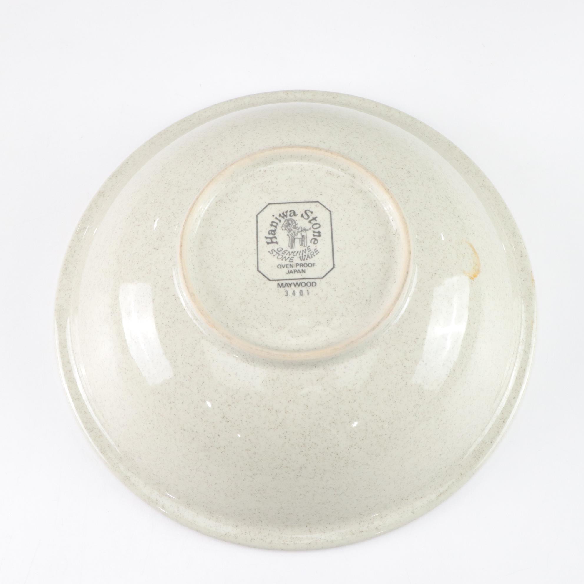 Haniwa Stone "Maywood" Plates, Mini Pitcher & Bowl with Pyrex Casserole Dish