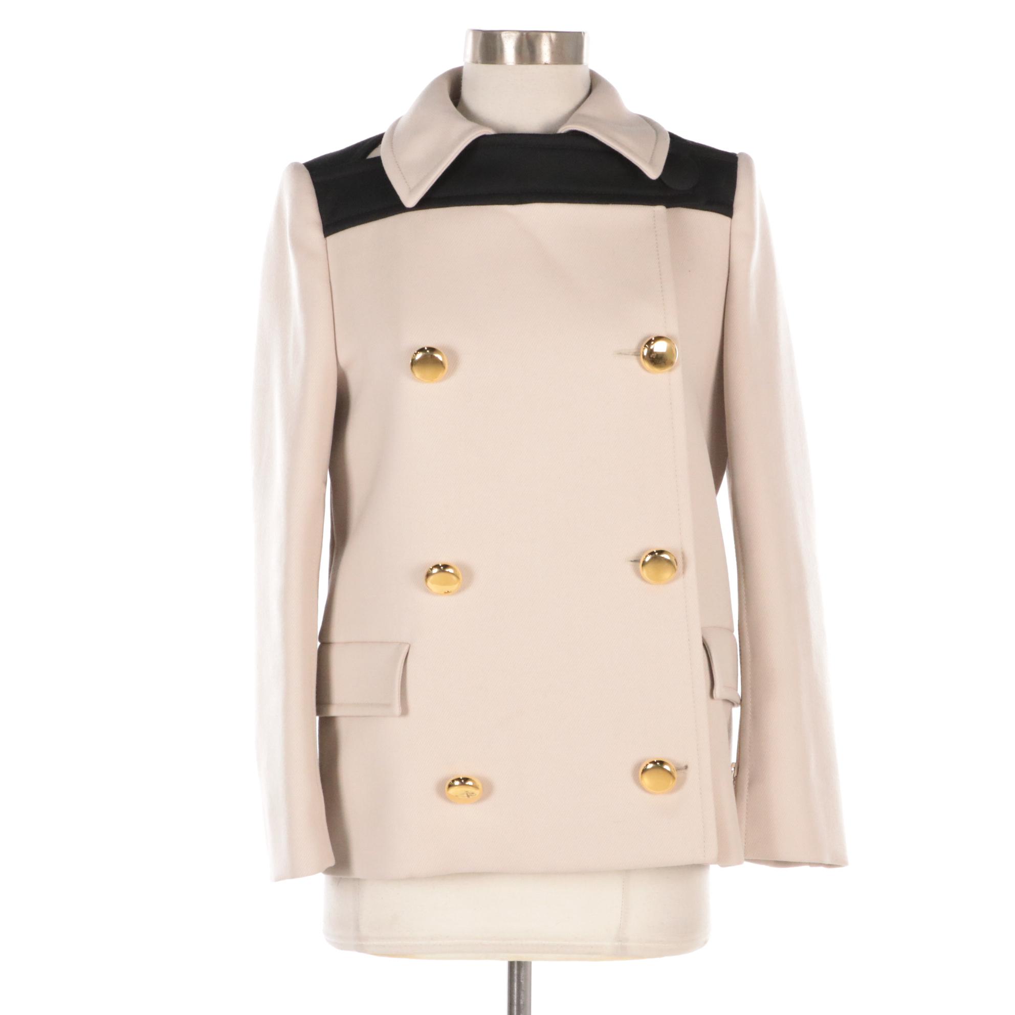 Prada Virgin Wool Double-Breasted Jacket in Beige/Black with Zipper Detail