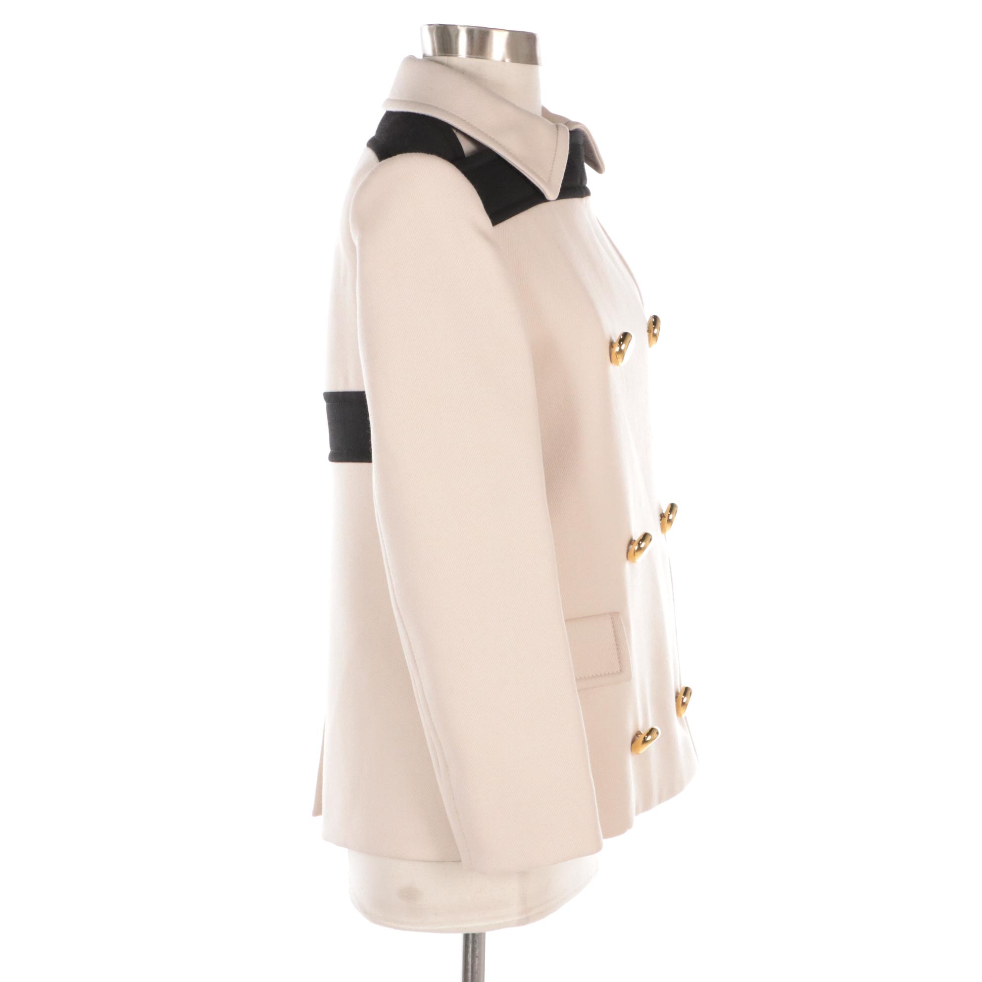 Prada Virgin Wool Double-Breasted Jacket in Beige/Black with Zipper Detail