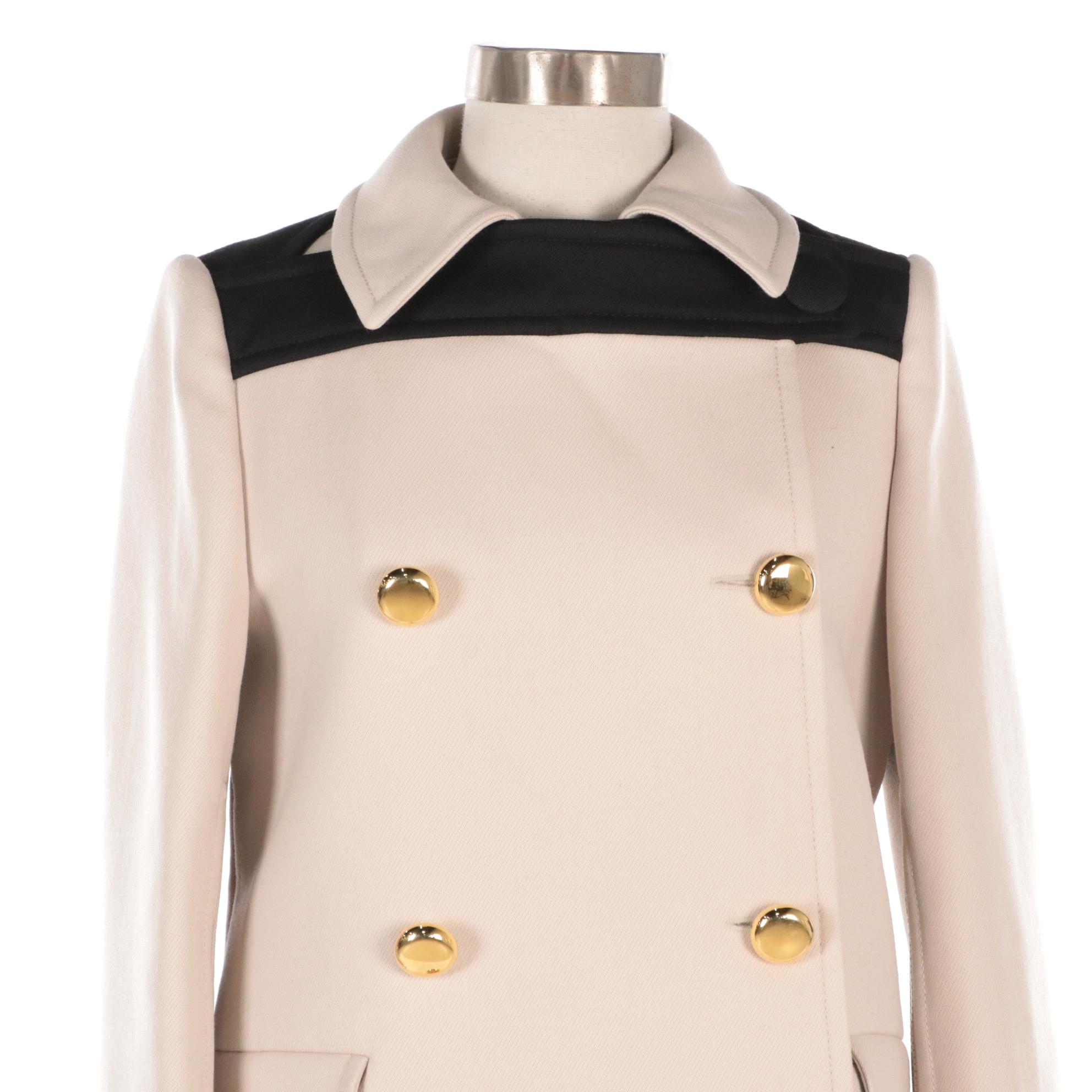 Prada Virgin Wool Double-Breasted Jacket in Beige/Black with Zipper Detail