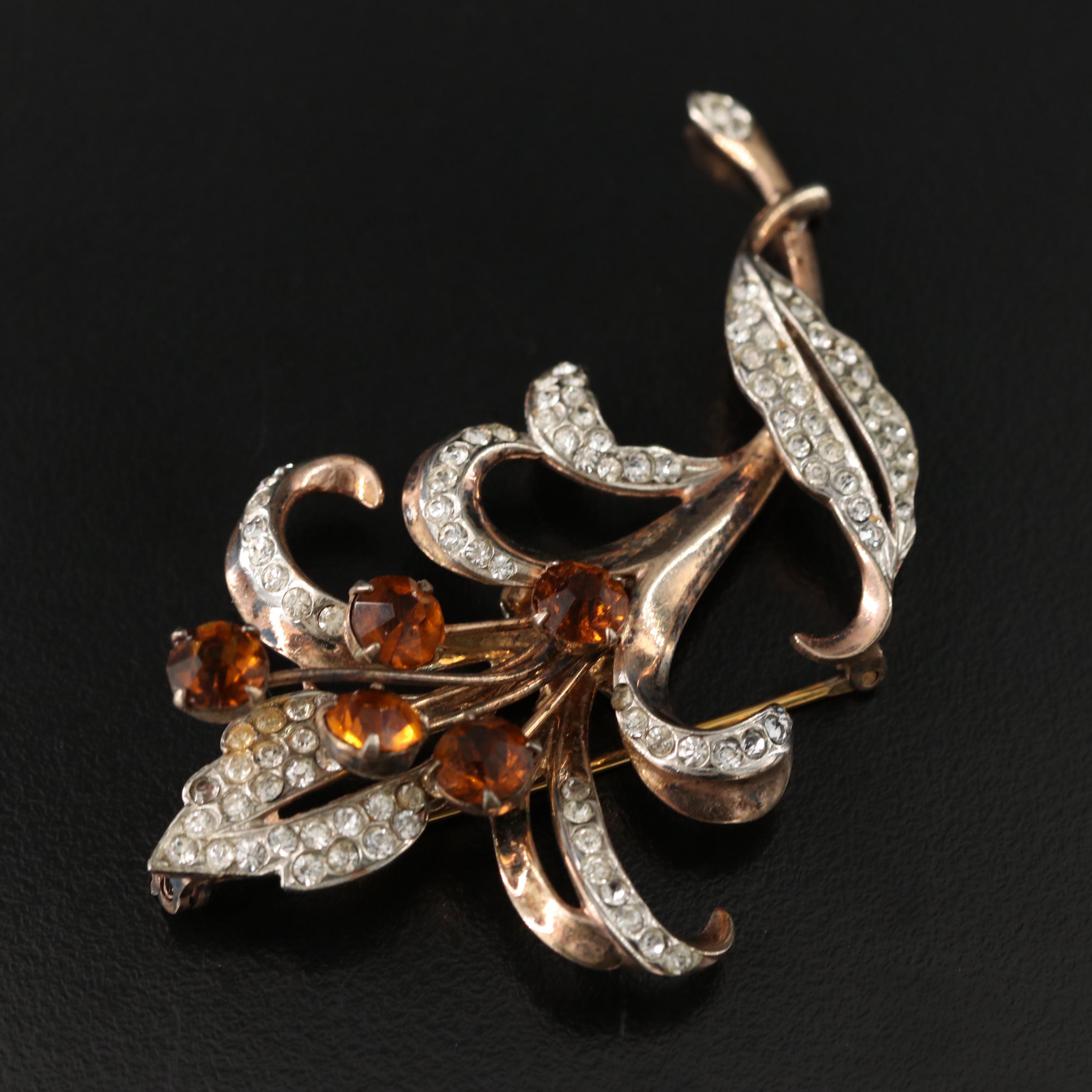 1940s Sterling Rhinestone Floral Brooch