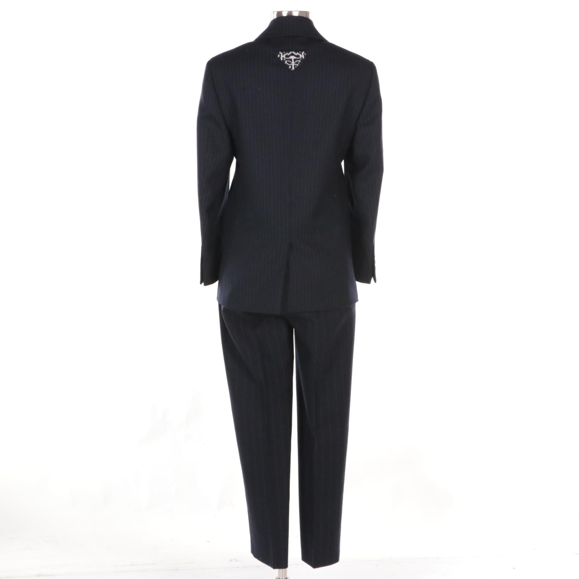 Prada Pinstripe Navy Blue Virgin Wool Two-Button Pantsuit with Knitted Detail