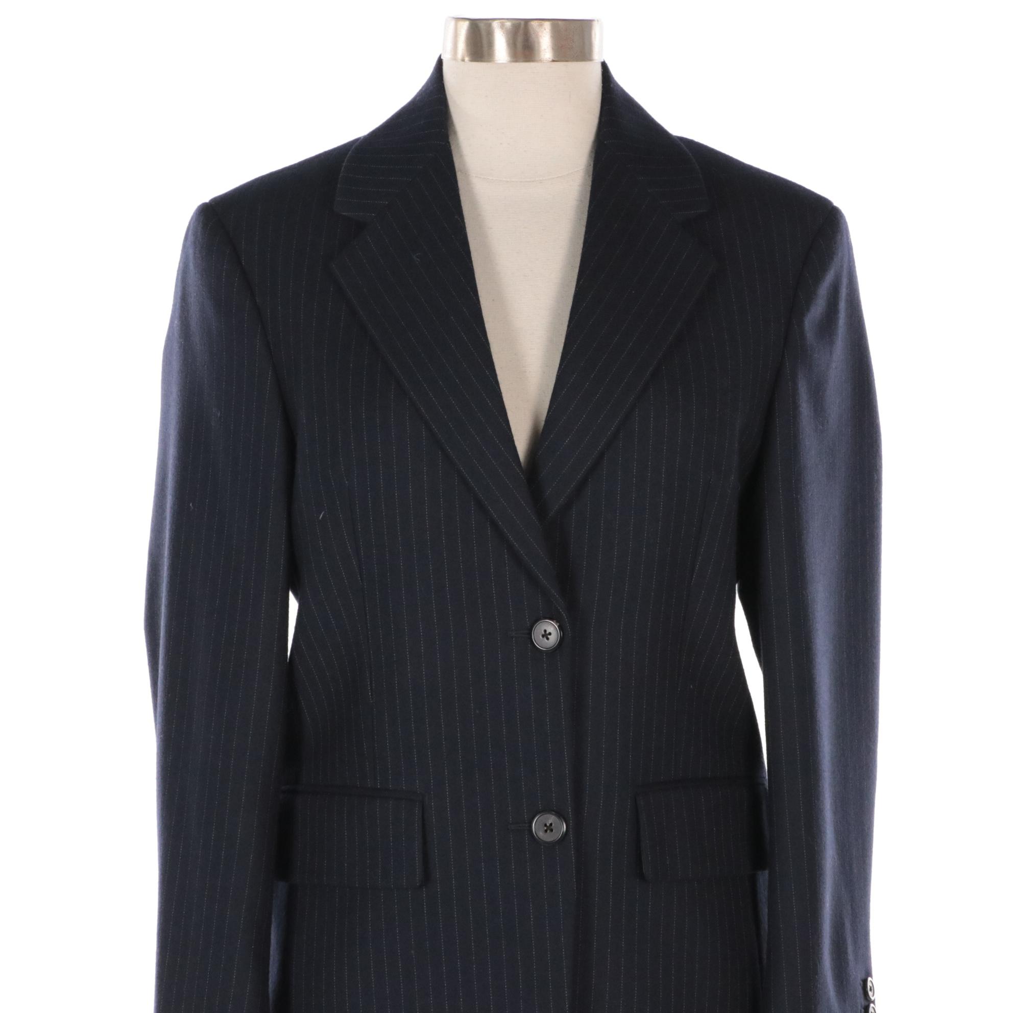 Prada Pinstripe Navy Blue Virgin Wool Two-Button Pantsuit with Knitted Detail