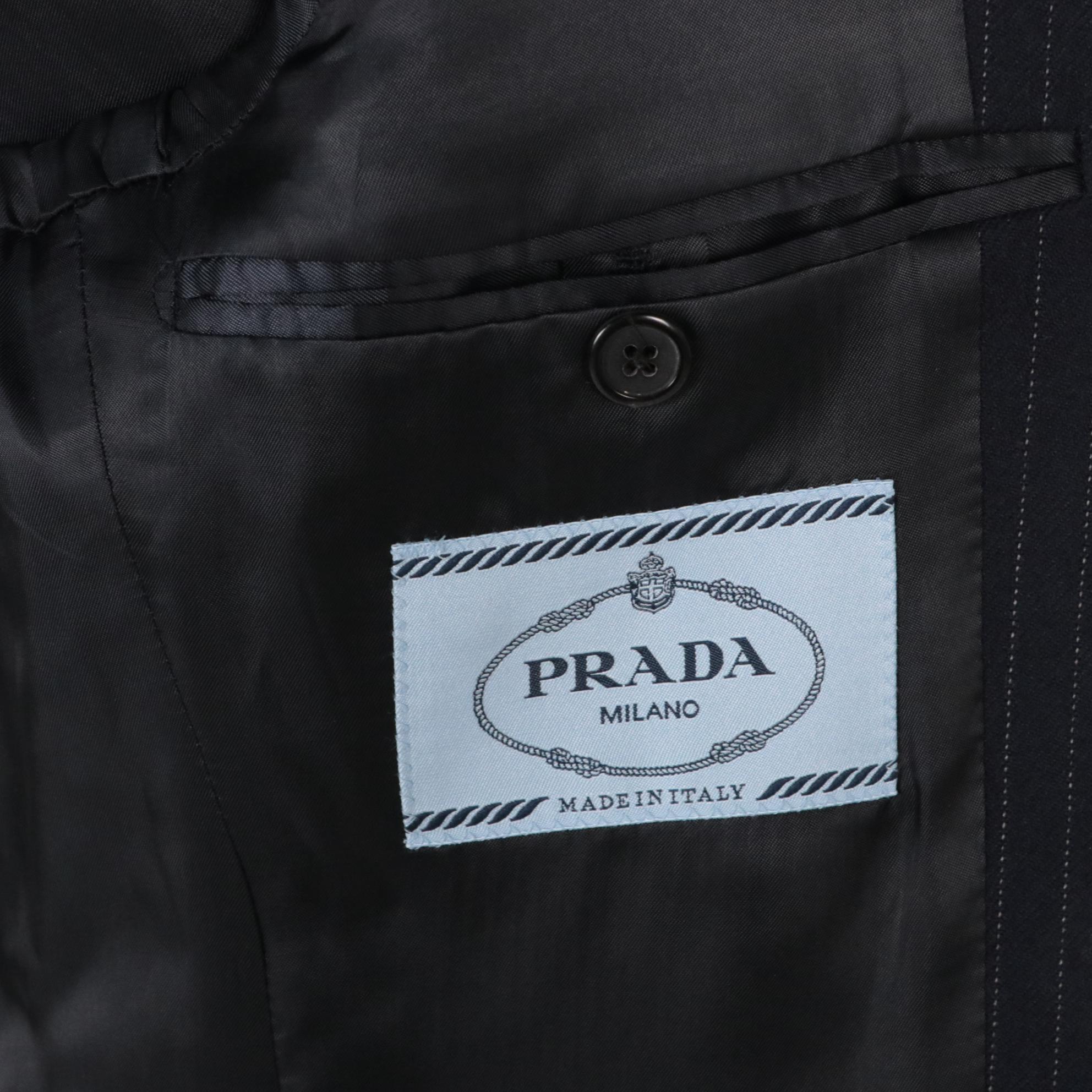 Prada Pinstripe Navy Blue Virgin Wool Two-Button Pantsuit with Knitted Detail