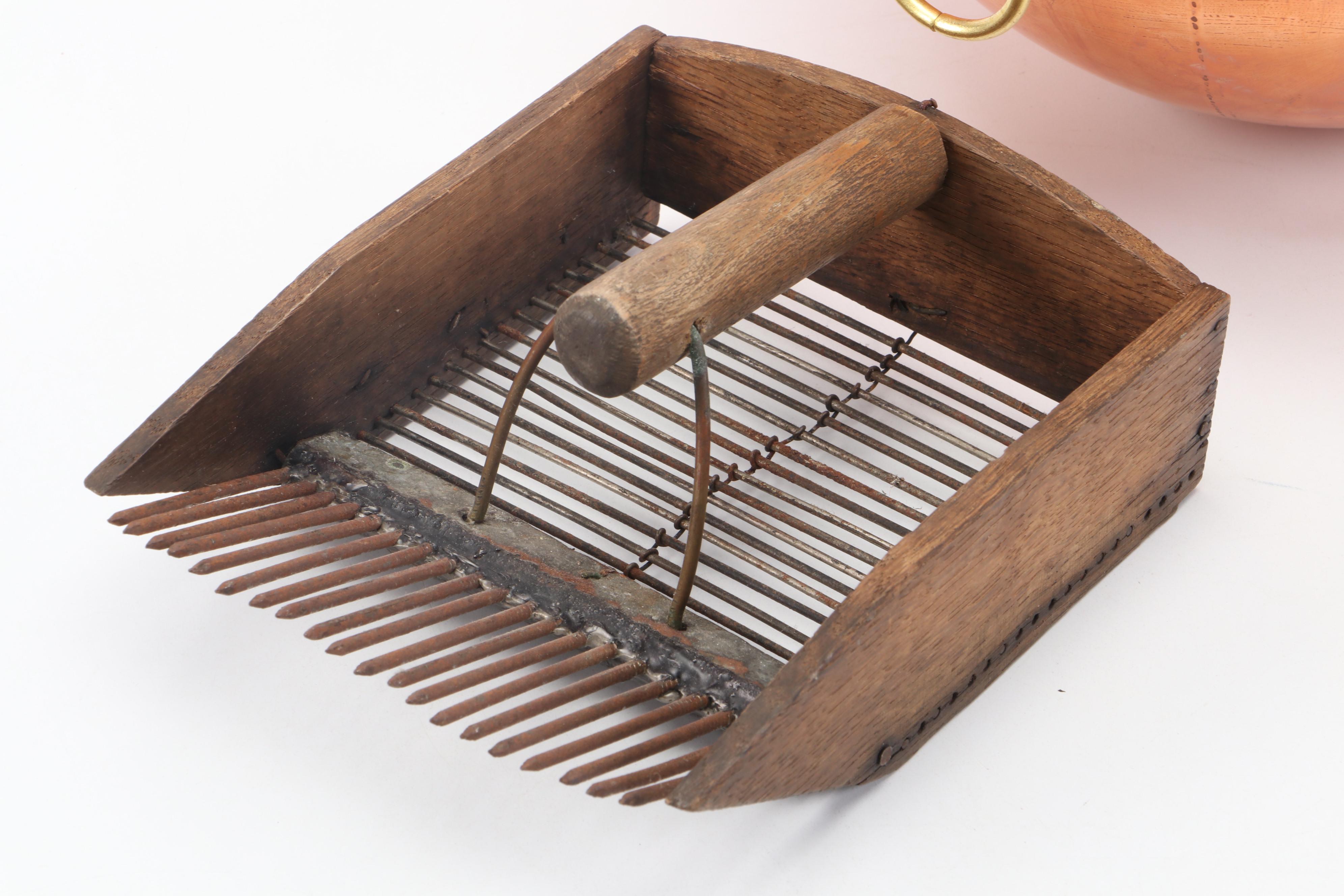 Primitive Wood and Metal Berry Picker Comb with Mauviel Copper Bowl