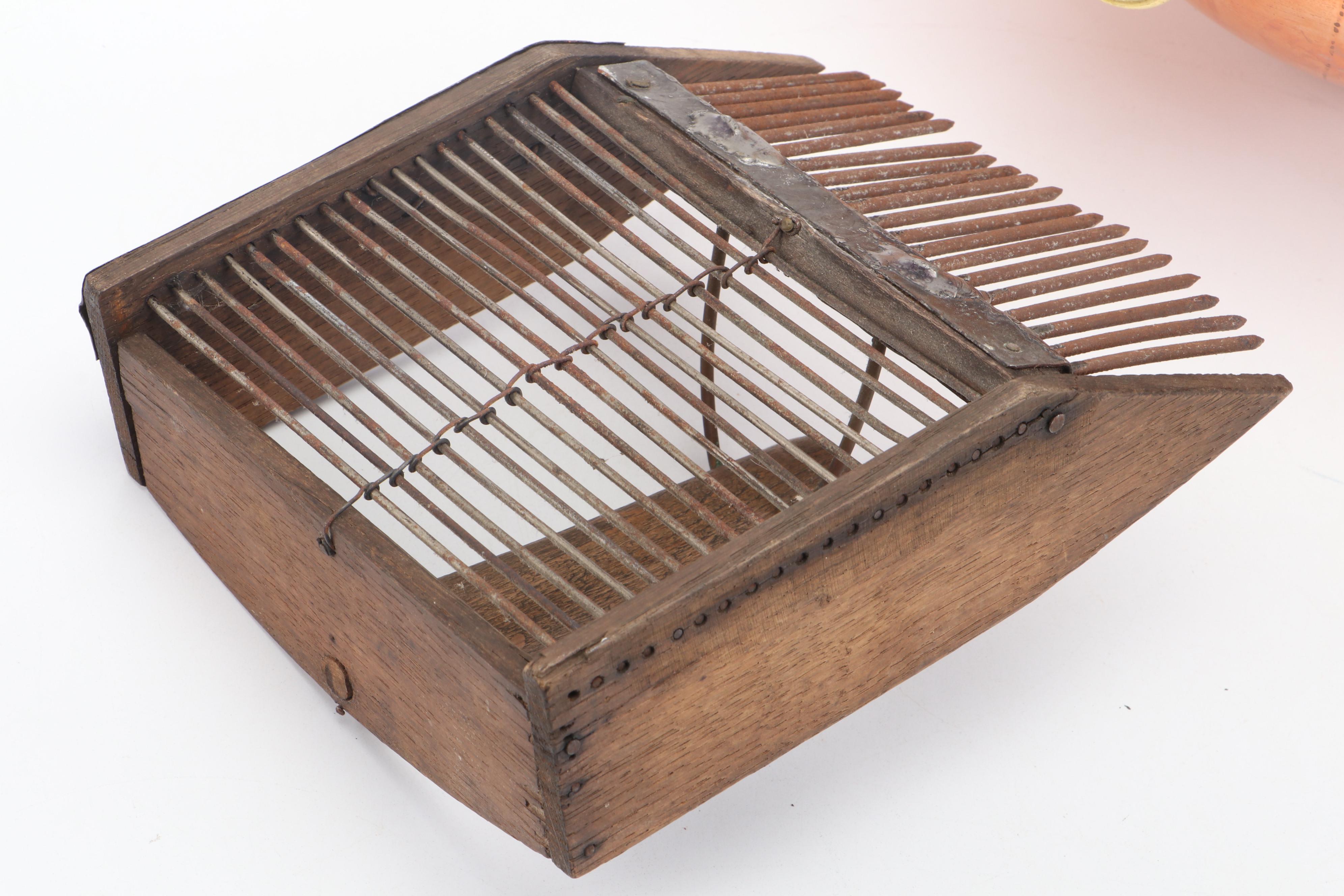 Primitive Wood and Metal Berry Picker Comb with Mauviel Copper Bowl