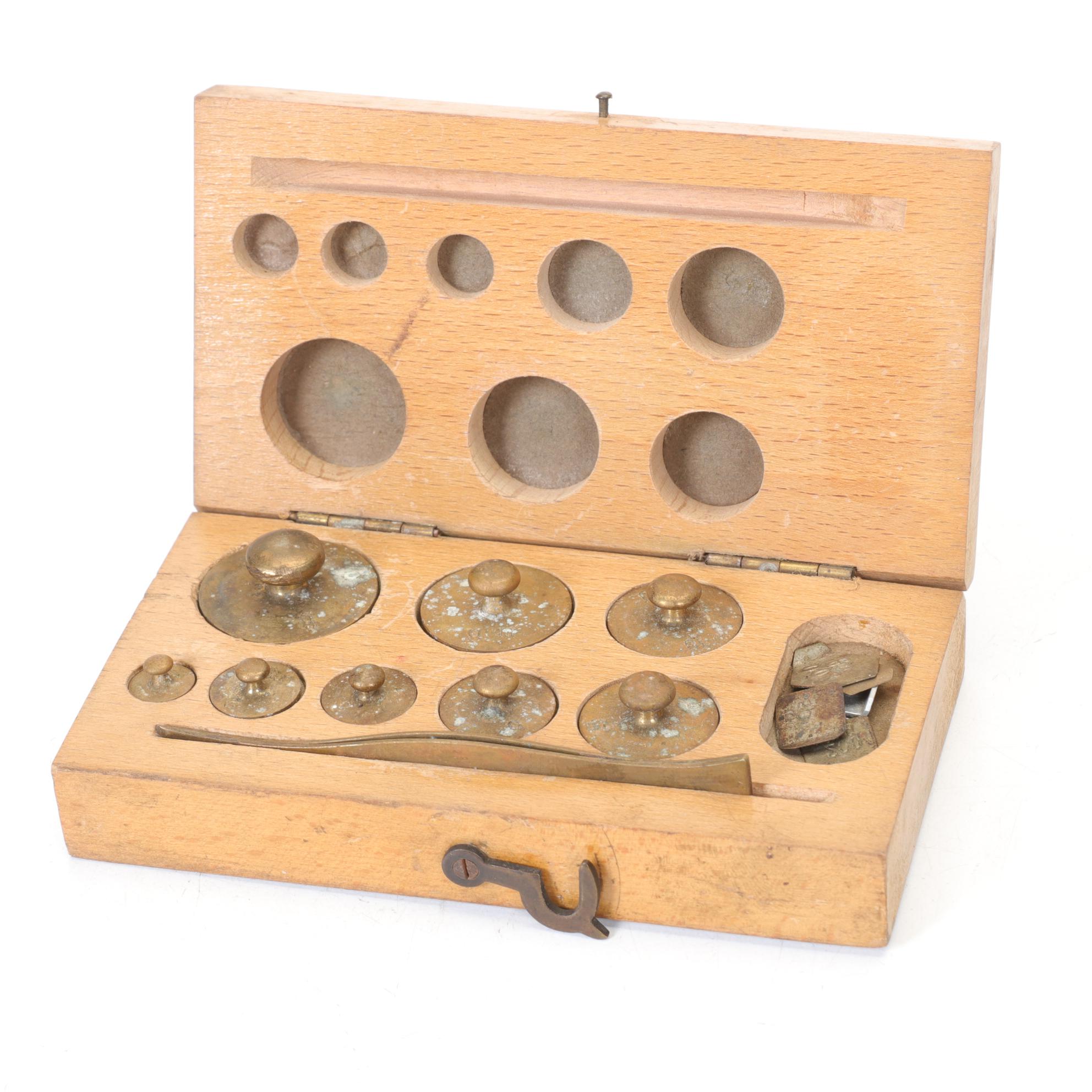 Empire Laboratory Supply Brass Metric Weights in Wood Case, Early 20th Century