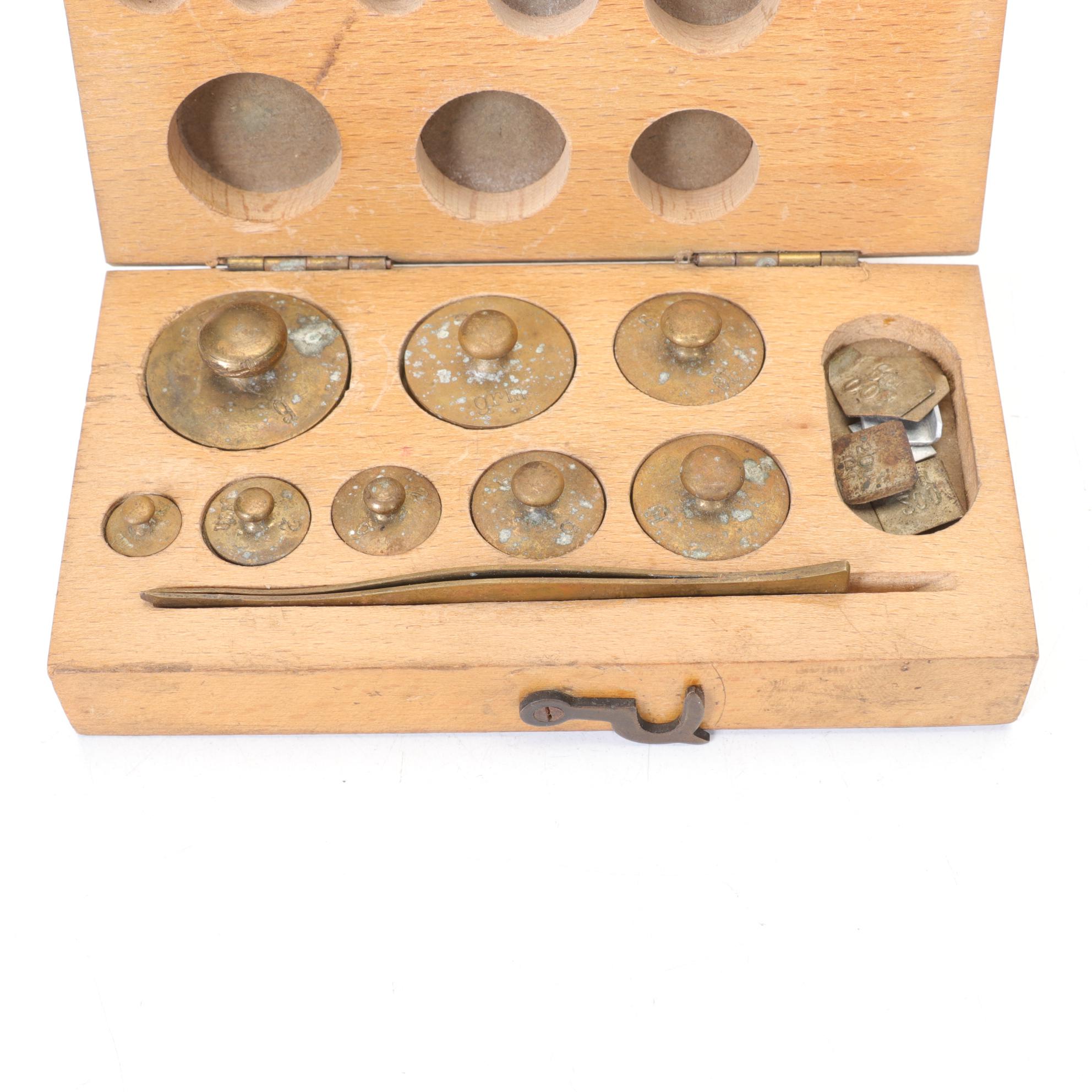 Empire Laboratory Supply Brass Metric Weights in Wood Case, Early 20th Century