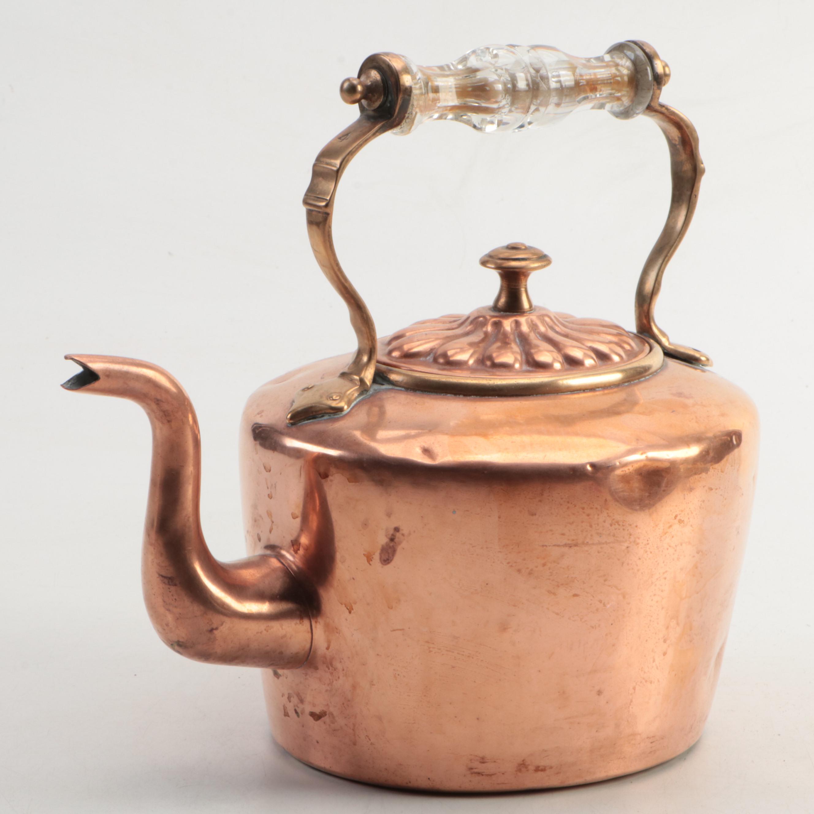 Victorian Style Copper Kettle with Brass Chamberstick, 20th Century