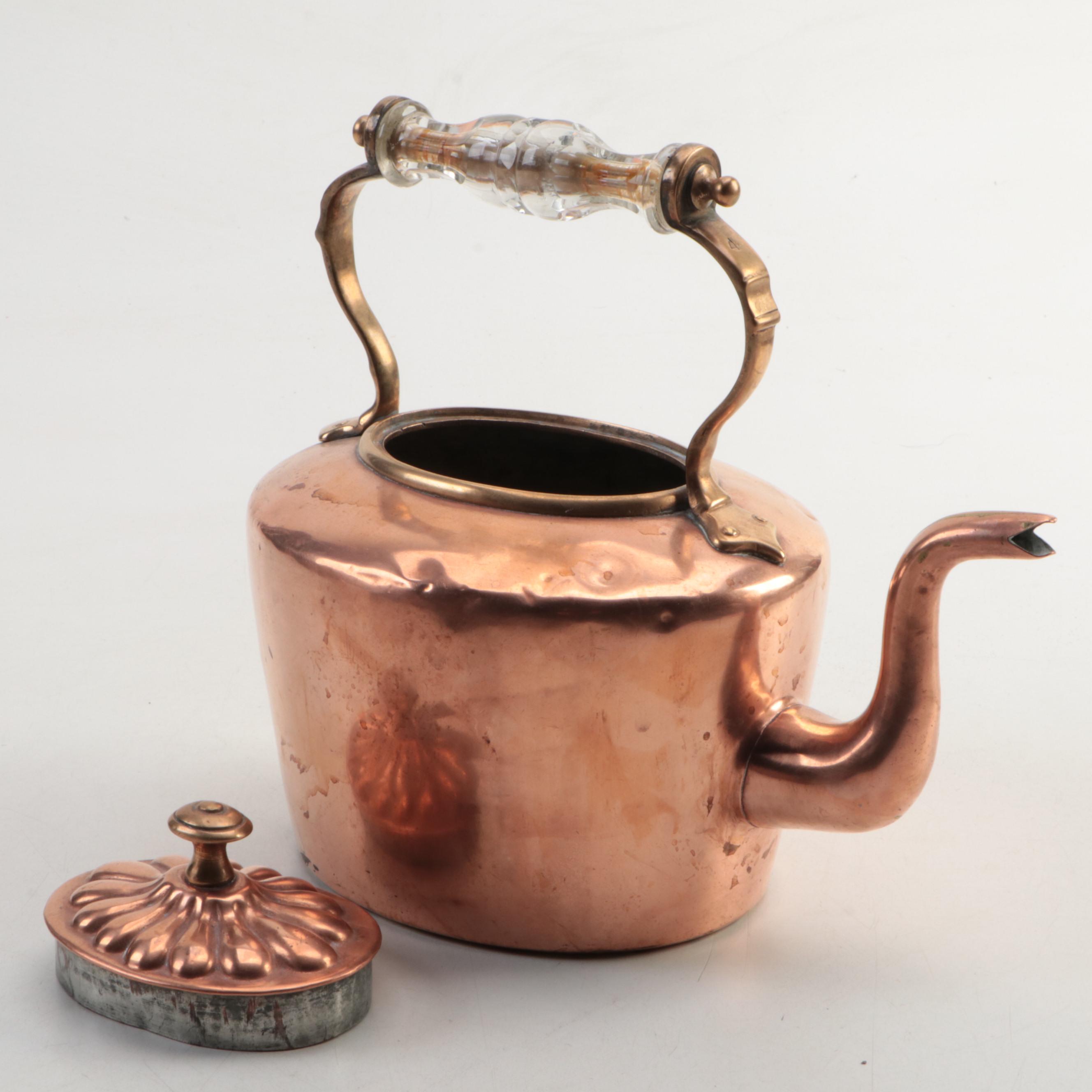 Victorian Style Copper Kettle with Brass Chamberstick, 20th Century